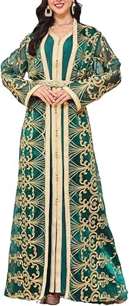 Muslin Kaftan Caftan Dresses for Prom V-neck Dubai Women Robe Embroiled Gold Beaded Lace Dress Abaya with Belt Elegant Fashion