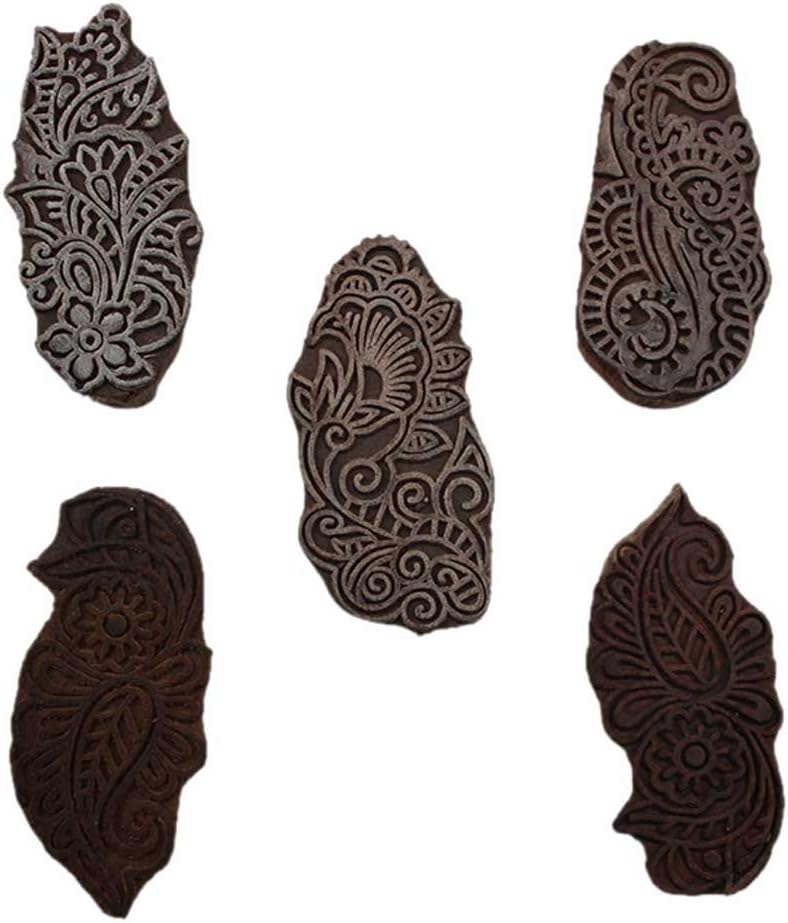 Indian Shelf Vocalforlocal Handmade Brown Set of 5 New Mix Wooden Printing Block