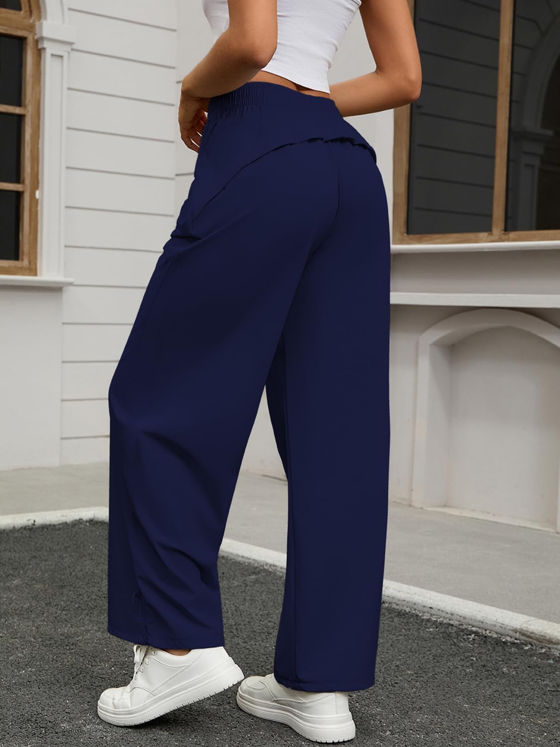 ZFLM Women's Elastic Waist Sports Pants Loose Casual Travel Pants Wide Legs High Waist Fitness Pants with Pocket - Image 3