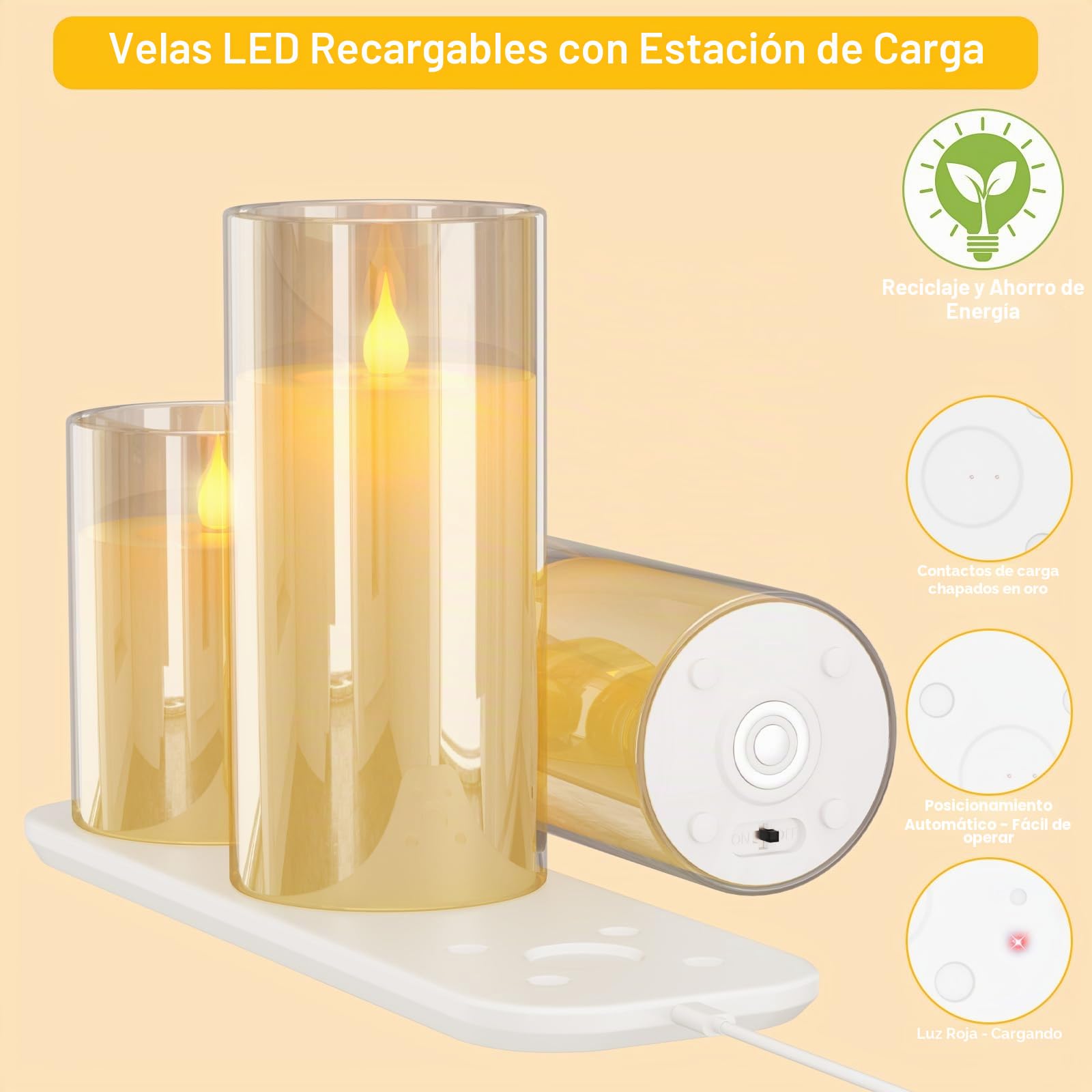 EXTSUD Velas LED sin llama recargables con estación de carga y mando a distancia, juego de 3 velas decorativas intermitentes de cristal con temporizador para fiestas, cumpleaños, bodas (Marrón)