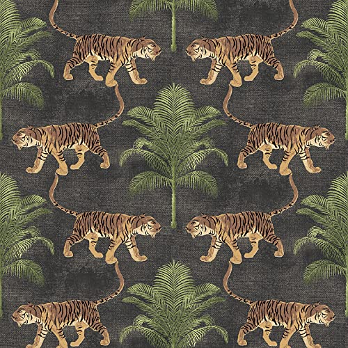 Tommy Bahama - Peel and Stick Designer Wallpaper, Premium Novelty Wallpaper for Bedroom, Powder Room, Kitchen, Self Adhesive, Vinyl, 30.75 Sq Ft Coverage (Tiger & Tree Collection, Coal)