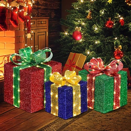 DomKom Set of 3 Christmas Lighted Gift Boxes, 160 Led Light Up Pr...