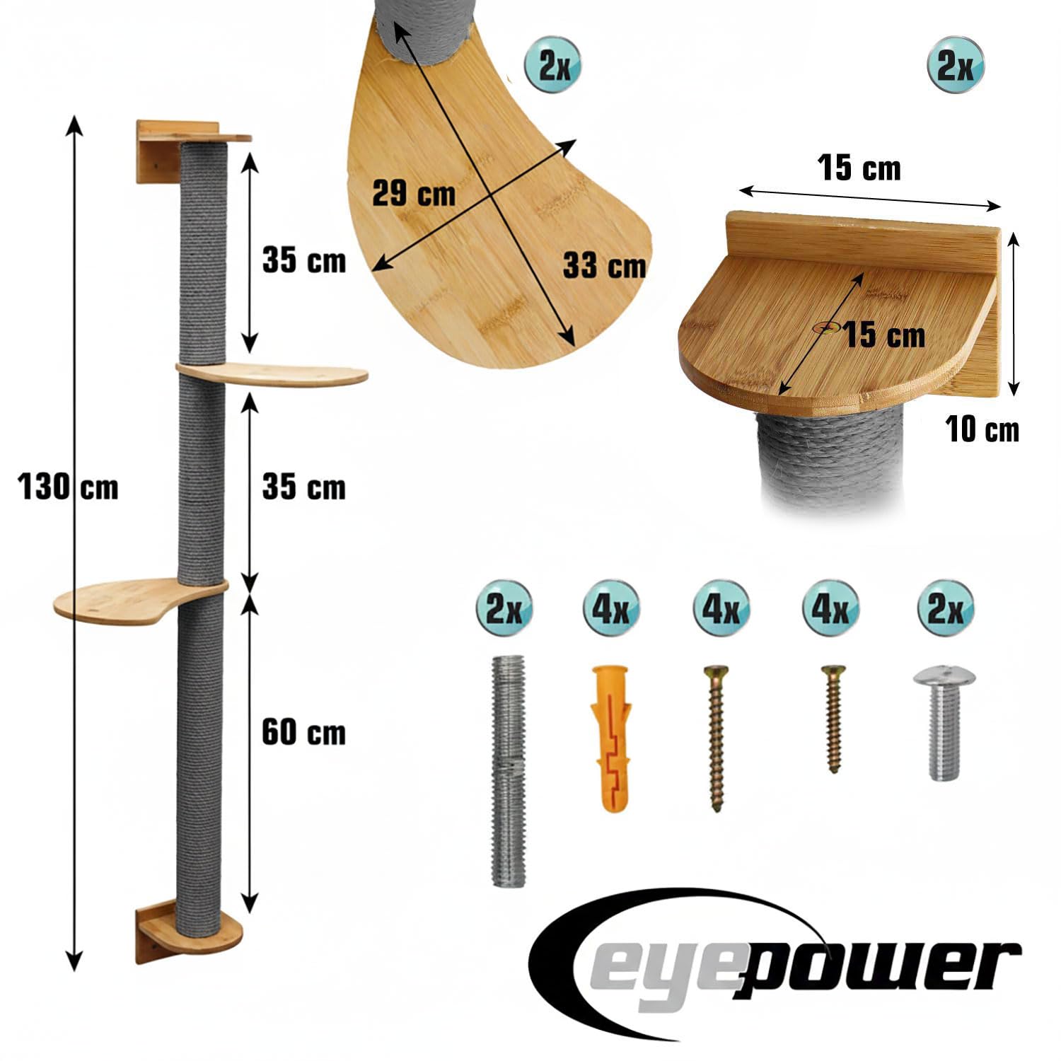eyepower 130 cm Wandkratzbaum Luna mit 2 Plateaus zum Klettern - Kratzbaum Groß für Katzen - Kletterbaum mit Wandhalterung - Katzenbaum zur Wandmontage - Kletterwand Katze Kratzstamm Kratzsäule Wand