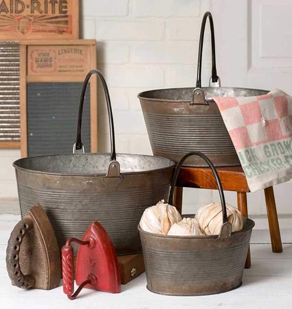 Colonial Tin Works Rustic Set of Three Round Buckets with
