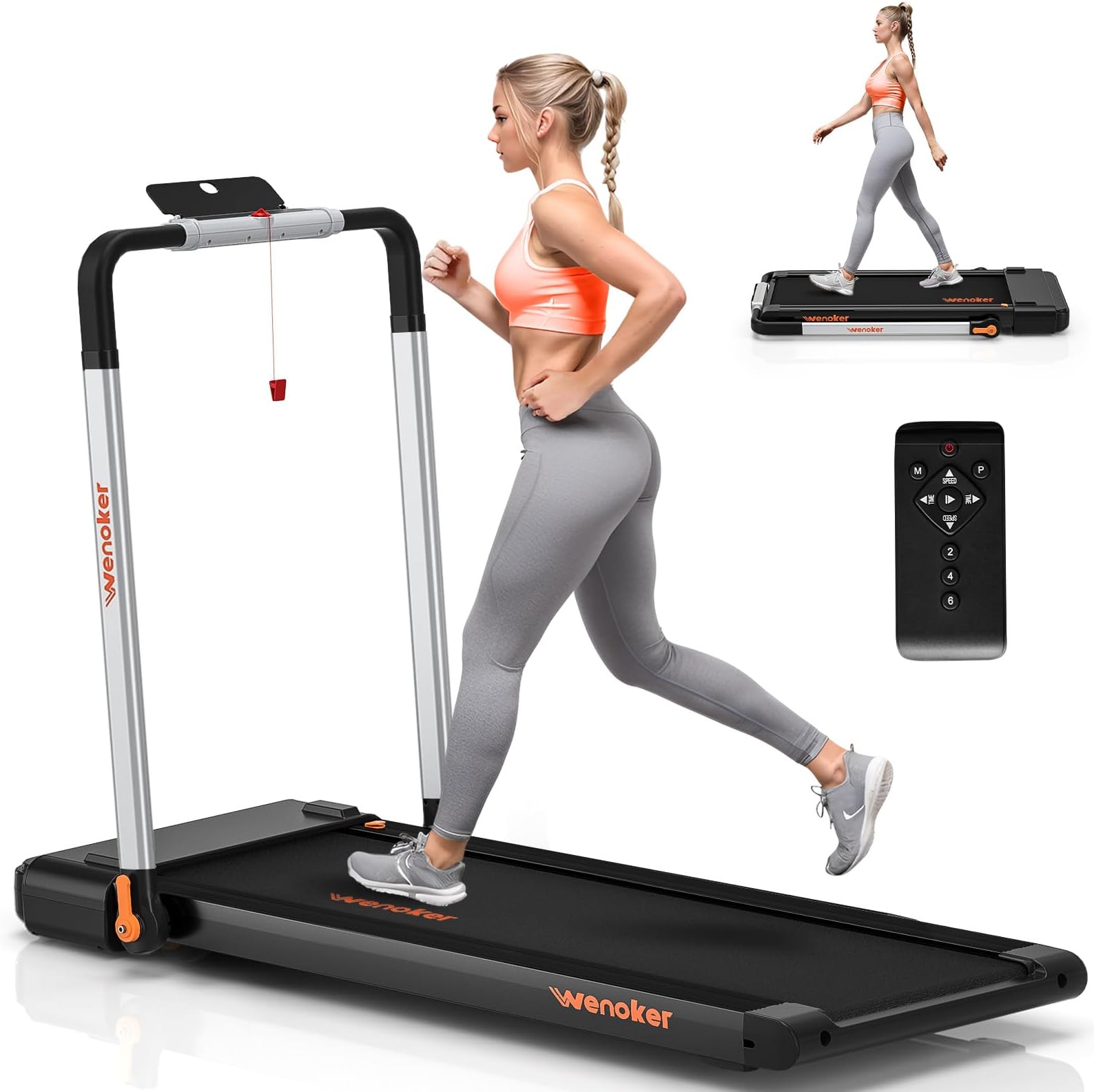 Walking Pad Treadmill, Wenoker Under Desk Treadmill with Handle Bar, Portable Foldable Walking Pad for Home/Office, 3 in 1 Folding Compact Desk Treadmill with Remote Control, Free Installation