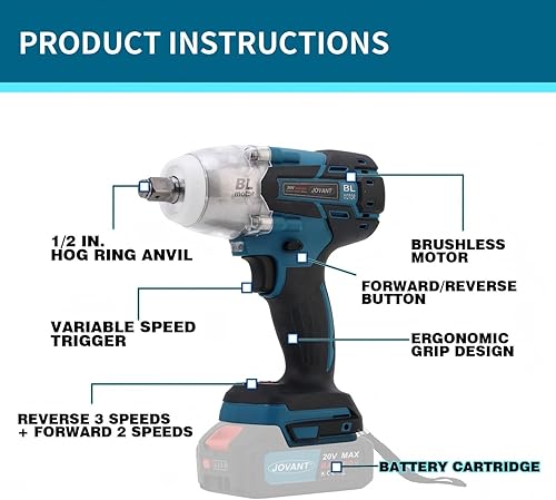Miniatura 6 de Juego de llave de impacto inalámbrica Jovant, pistola de impacto eléctrica de 20V MAX, llaves de impacto sin escobillas de 737 pies-libras (1000