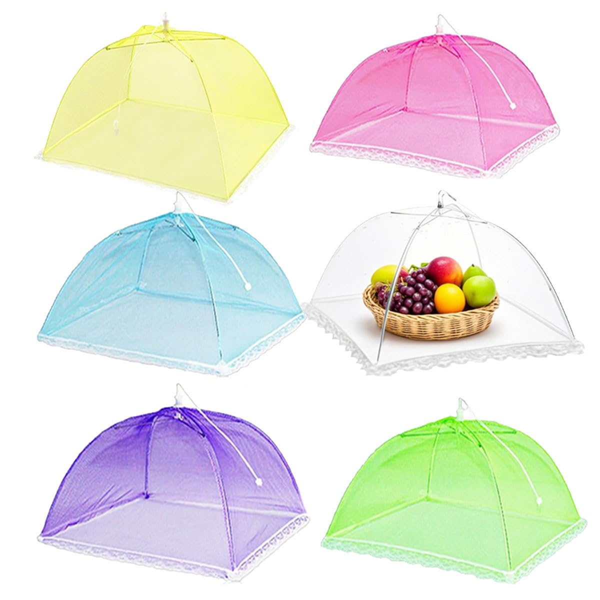 6Pcs Food Covers, 17 Inch Mesh Pop Up Food Umbrella Covers, Fruit Cake Net Domes for Outdoors, Screen Tents, Parties Picnics, BBQs, Reusable and Collapsible (Multi-Colour)