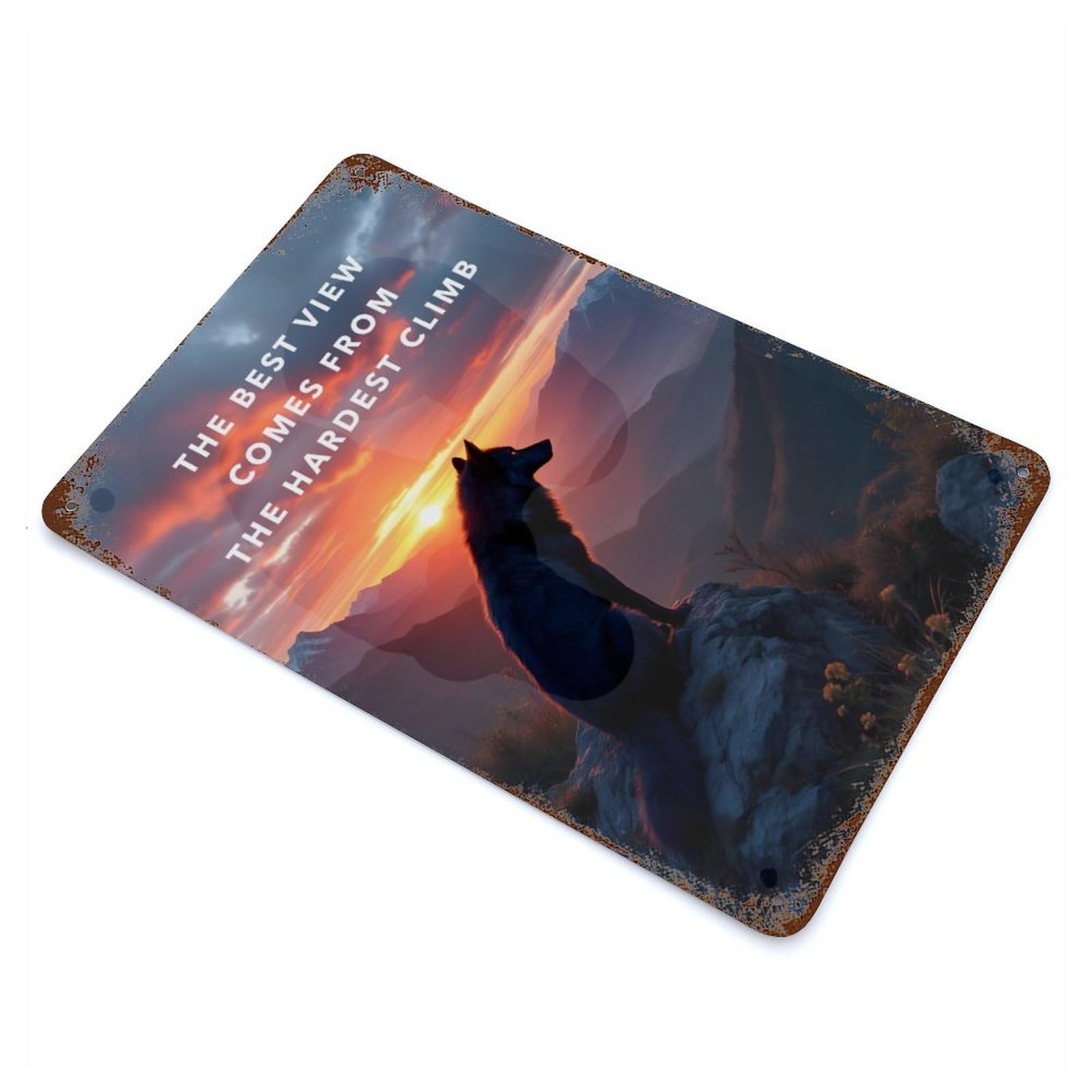Vintage Rust Metal Sign Best View Motivation Wolf at Sunset 11.8"x7.9", Shabby Chic Decor for Cafe, Home Bar And Lounge Decor
