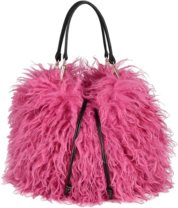 Fur Purse Mongolian Tote Bucket Bag Drawstring Fluffy Fuzzy Furry Top Handle Shoulder Bag Soft Winter Handbag