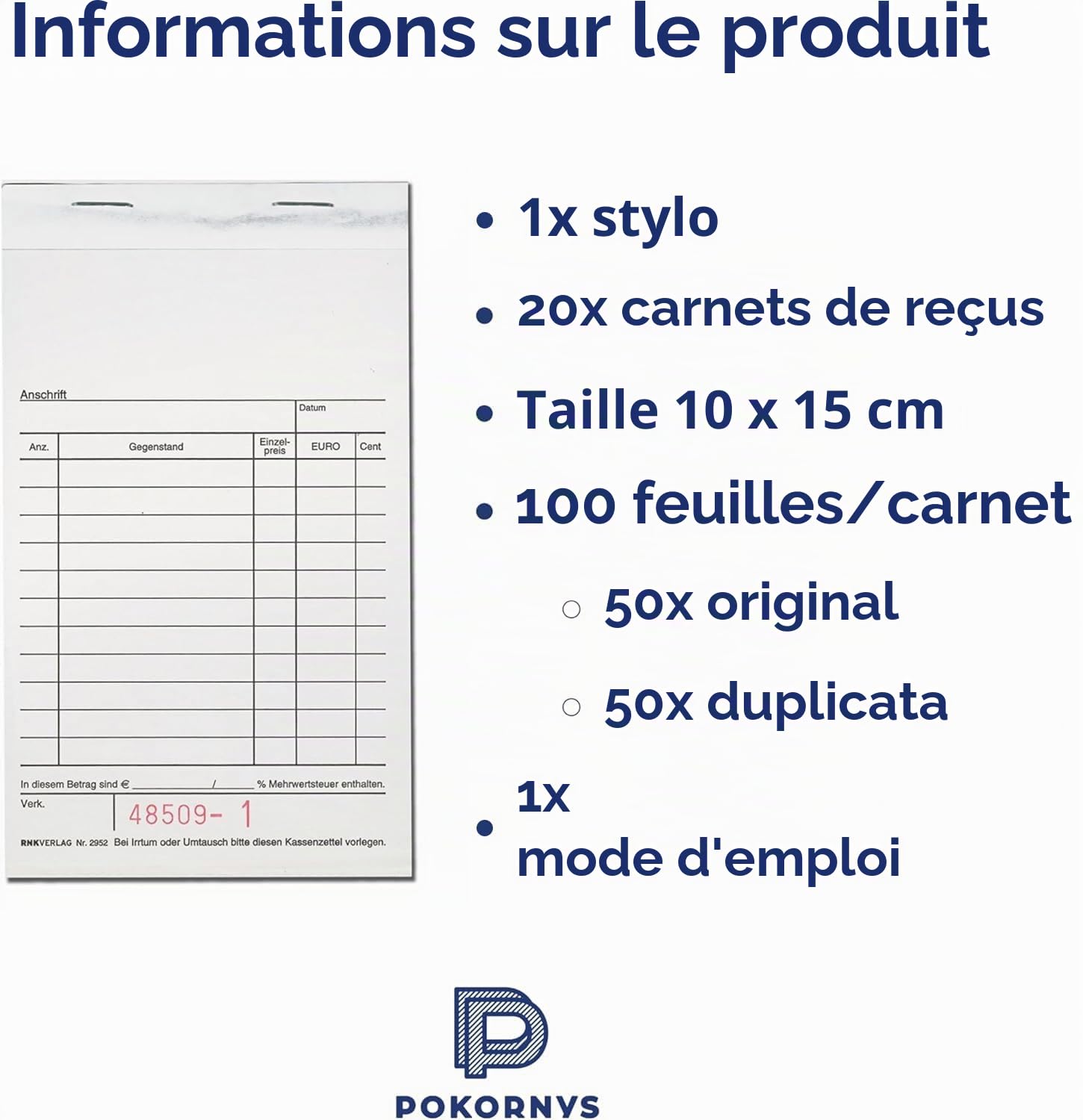 POKORNYS Blocs de caisse : blocs de reçus avec autocopiant pour les petits entrepreneurs I autocopiant