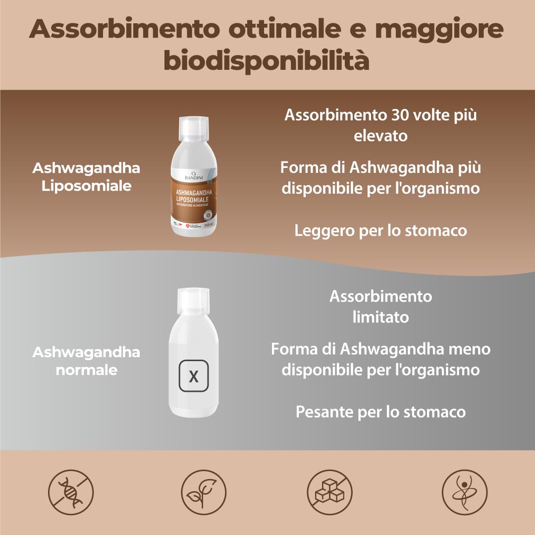 Bandini® Ashwagandha Liposomiale Liquida, Withania Somnifera con il 5% di Withanolidi - Alta Biodisponibilità ed Alto Assorbimento – Effetto Tonico-Adattogeno per Mente e Corpo – Flacone da 250 ml