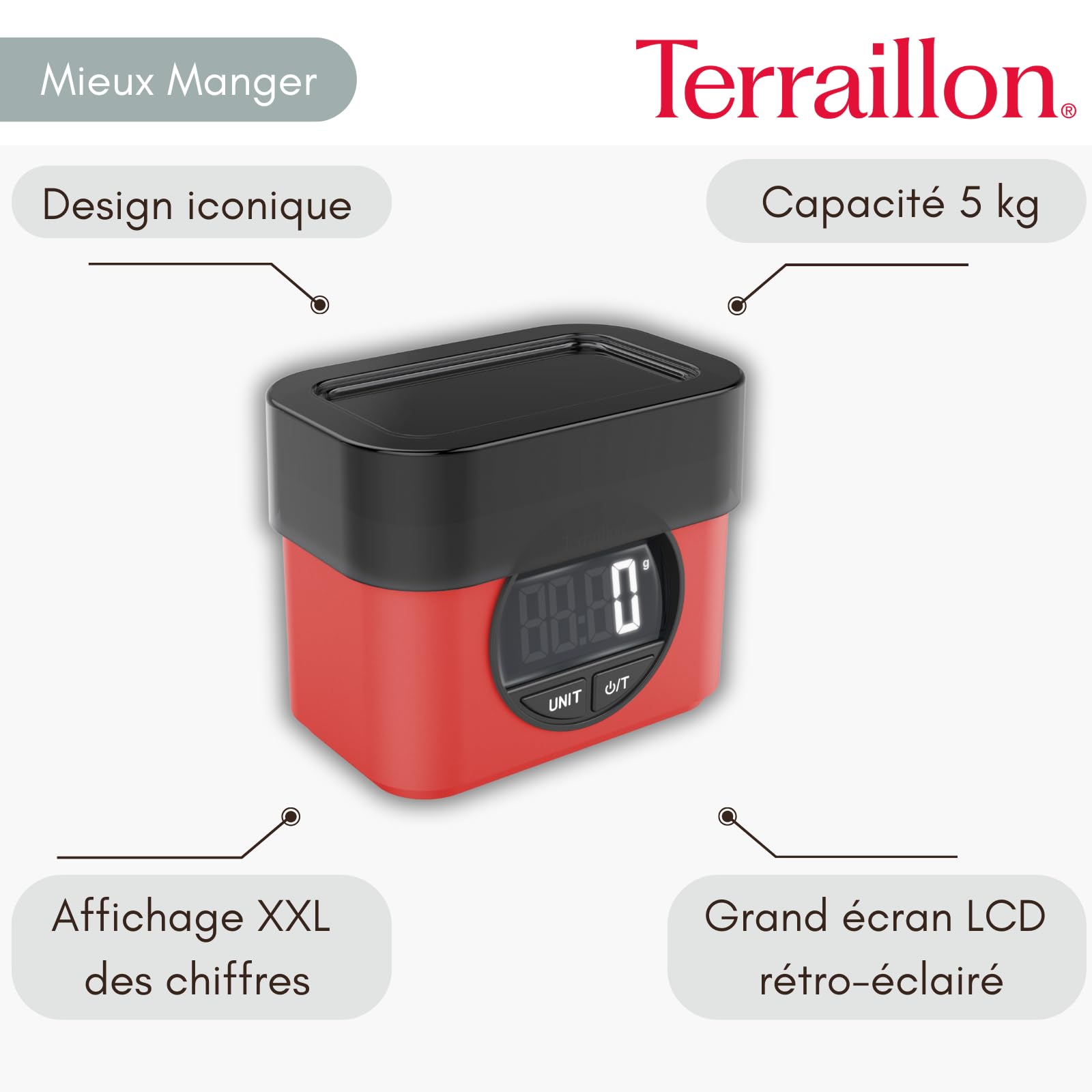 TERRAILLON BA22 MYTHIQUE - Báscula electrónica de cocina, diseño icónico y retro, cuenco integrado 0,7 L, pantalla LCD grande, pantalla XXL de dígitos, función Tare, rojo