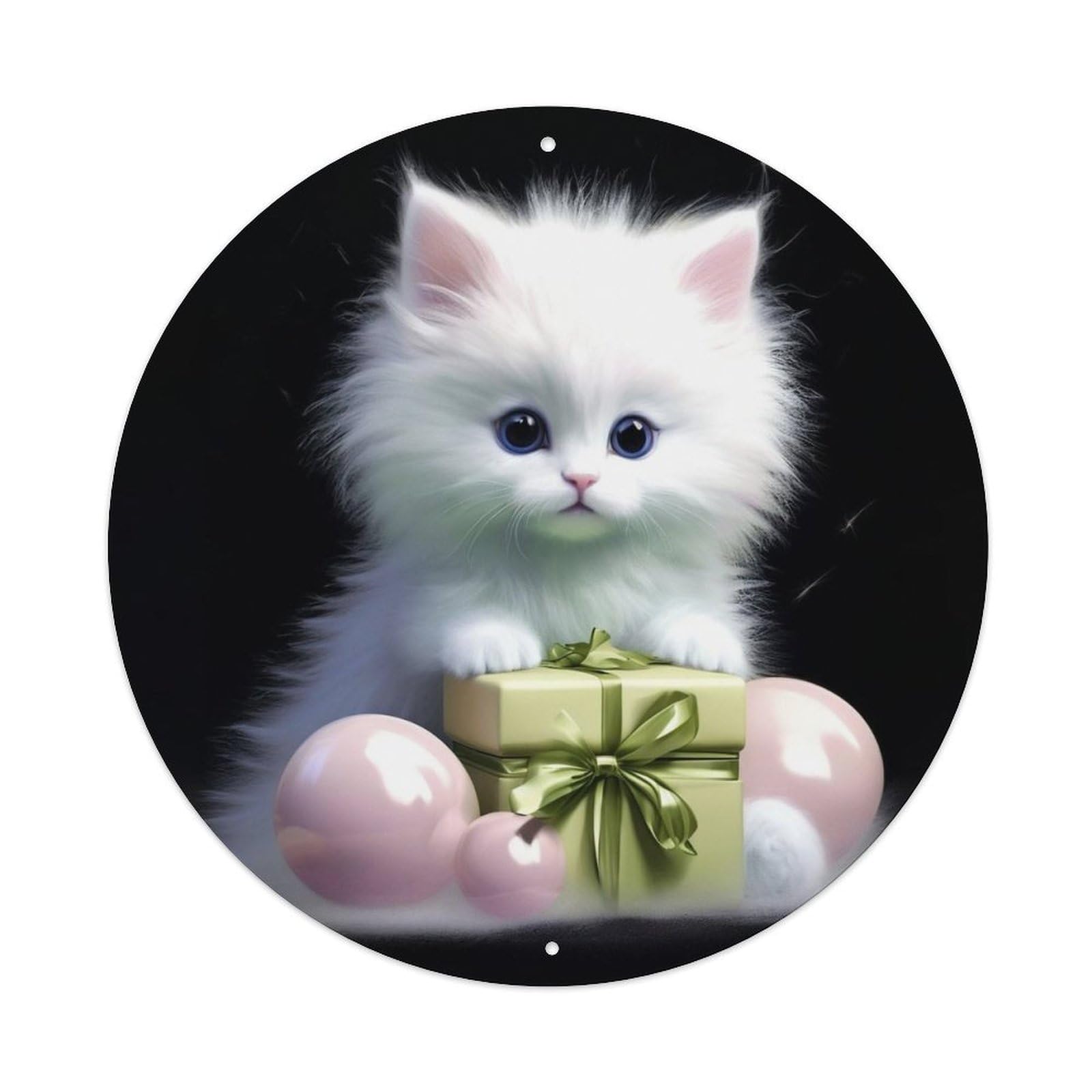 Animal White Kitten Christmas Gift Holiday Cute Adorable Vintage Metal Tin Sign Plaque Wall Decor for Cafe, Club Bar, Office, Garden Metal Poster 8x8Inch