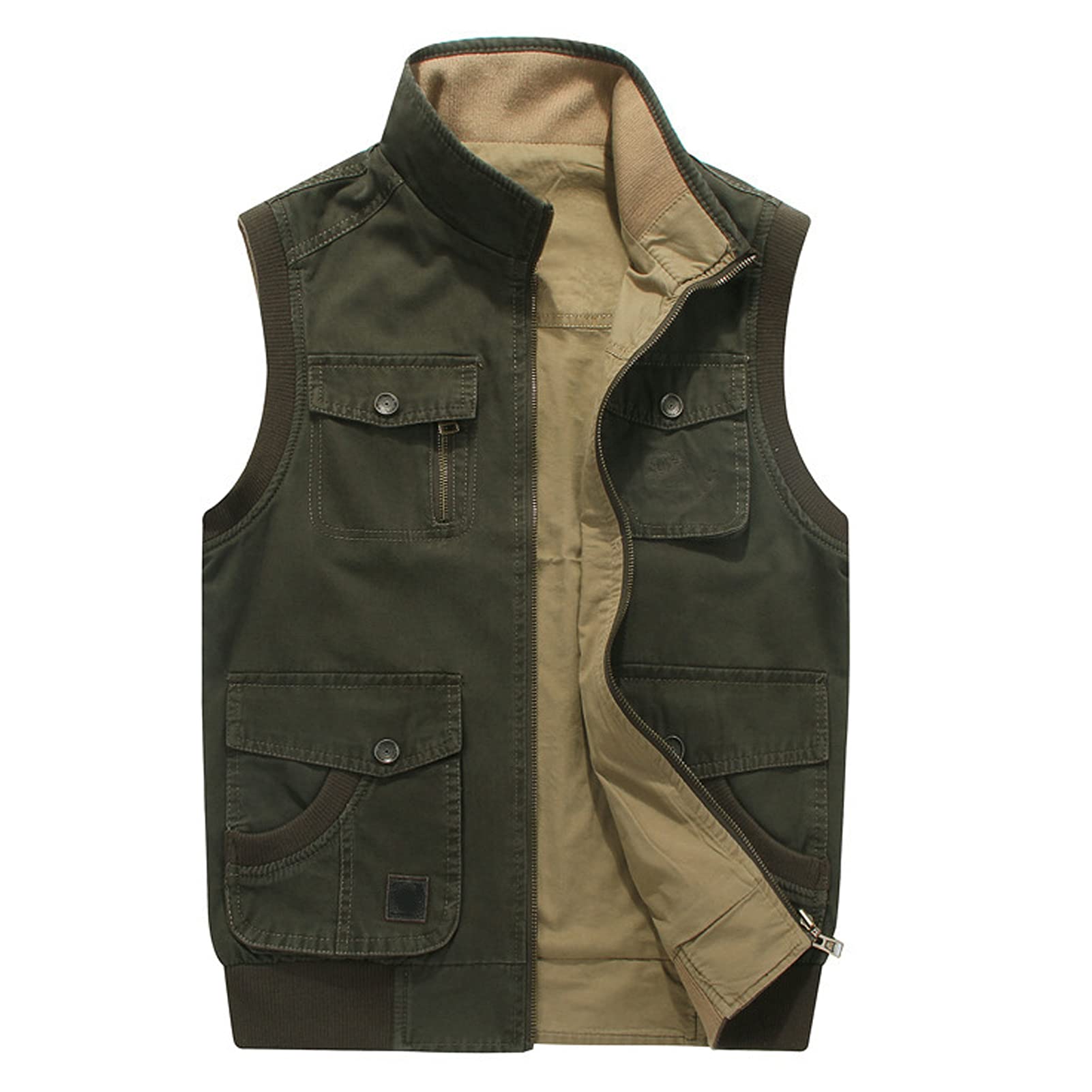 GAOHONGMEI Men's Multi Pockets Vest Gilet Outdoor Reversible Warmer Cotton Waistcoat Top Fishing Travel Jackets Journalist Outerwear ArmyGreen-XL