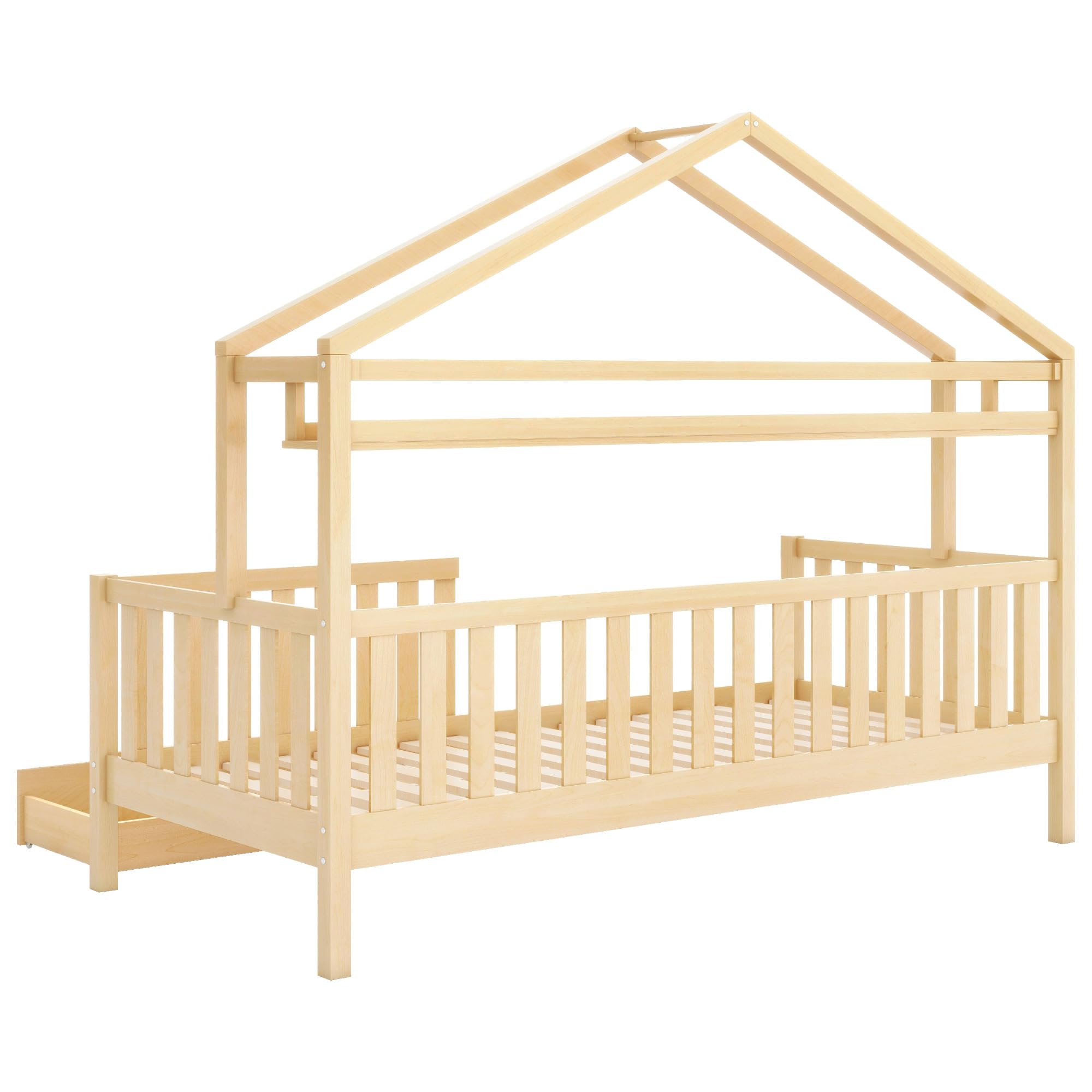 Moimhear Lettino per bambini in legno di colore legno, 90 x 200 cm, con cassetti, in legno di pino, per la casa dei bambini e dei ragazzi, colore naturale