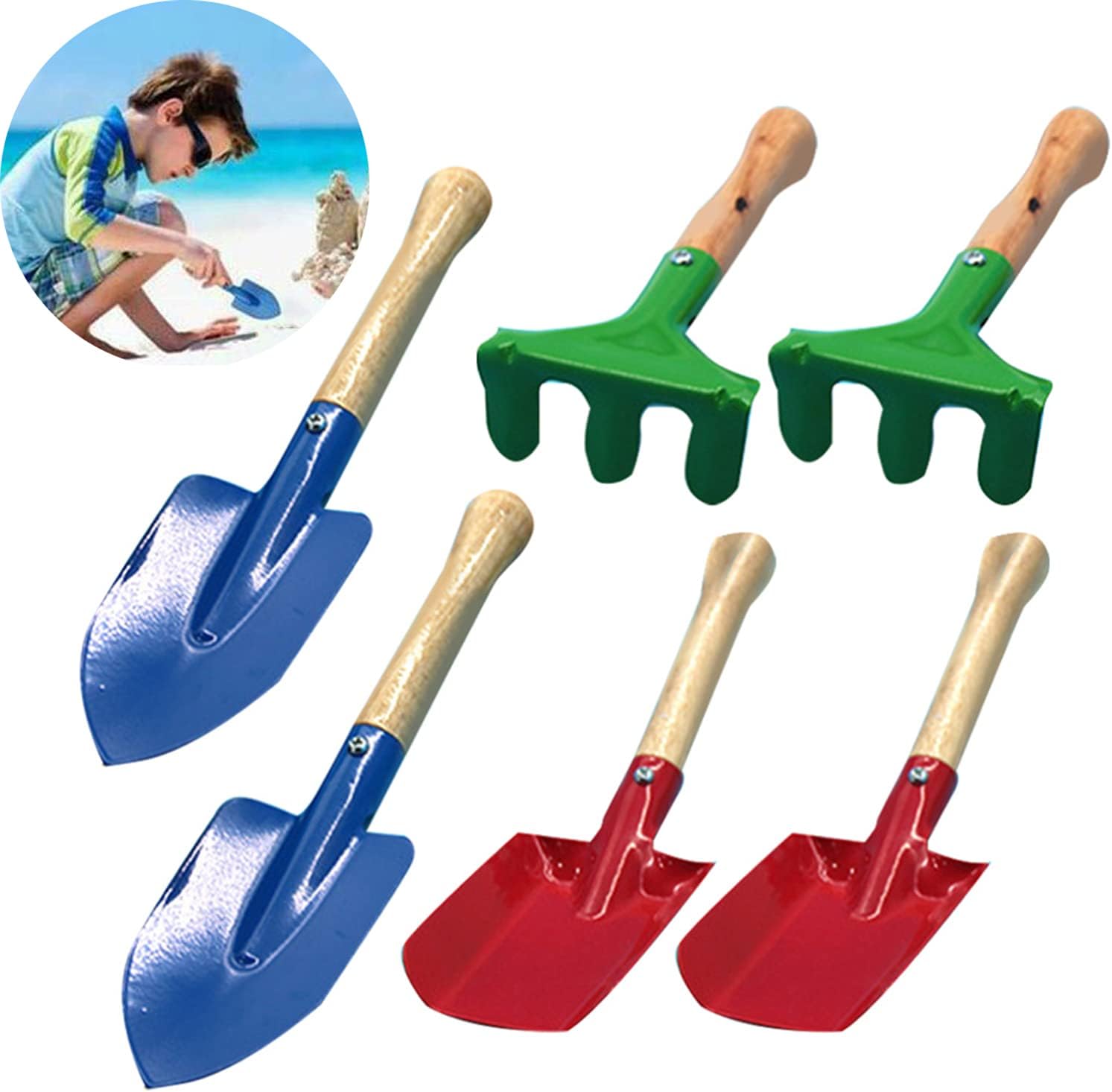 6 Pcs Kids Gardening Tools Set, Made of Metal with Sturdy Wooden Handle, 7 Inches Safe Toy Gardening Equipment Trowel, Rake & Shovel for Beach Sand, Sandbox and Soil Hand Tool for Kids : Toys & Games