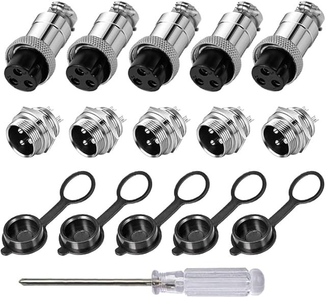 Aiqeer 5 Pcs 3-Pin GX16 Aviation Connector, 16 mm Thread Panel Metal Aviation Cable Connector, 5A Male Female Aviation Connector Plug Socket Kit, with Rubber Cap and Phillips Screwdriver