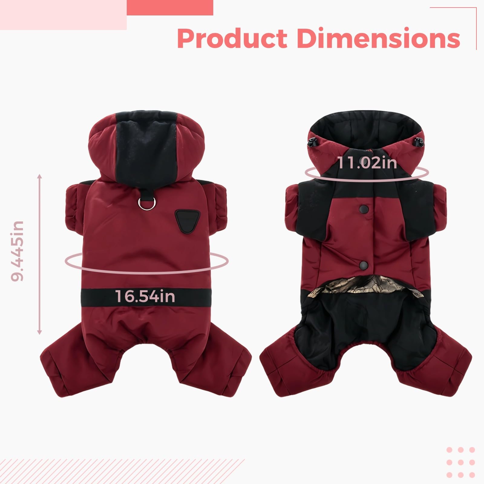 Caldo cappotto per cani con cappuccio, tuta da neve rosa per cani, giacca invernale impermeabile in poliestere, abbigliamento regolabile per cani di piccola taglia, rosso