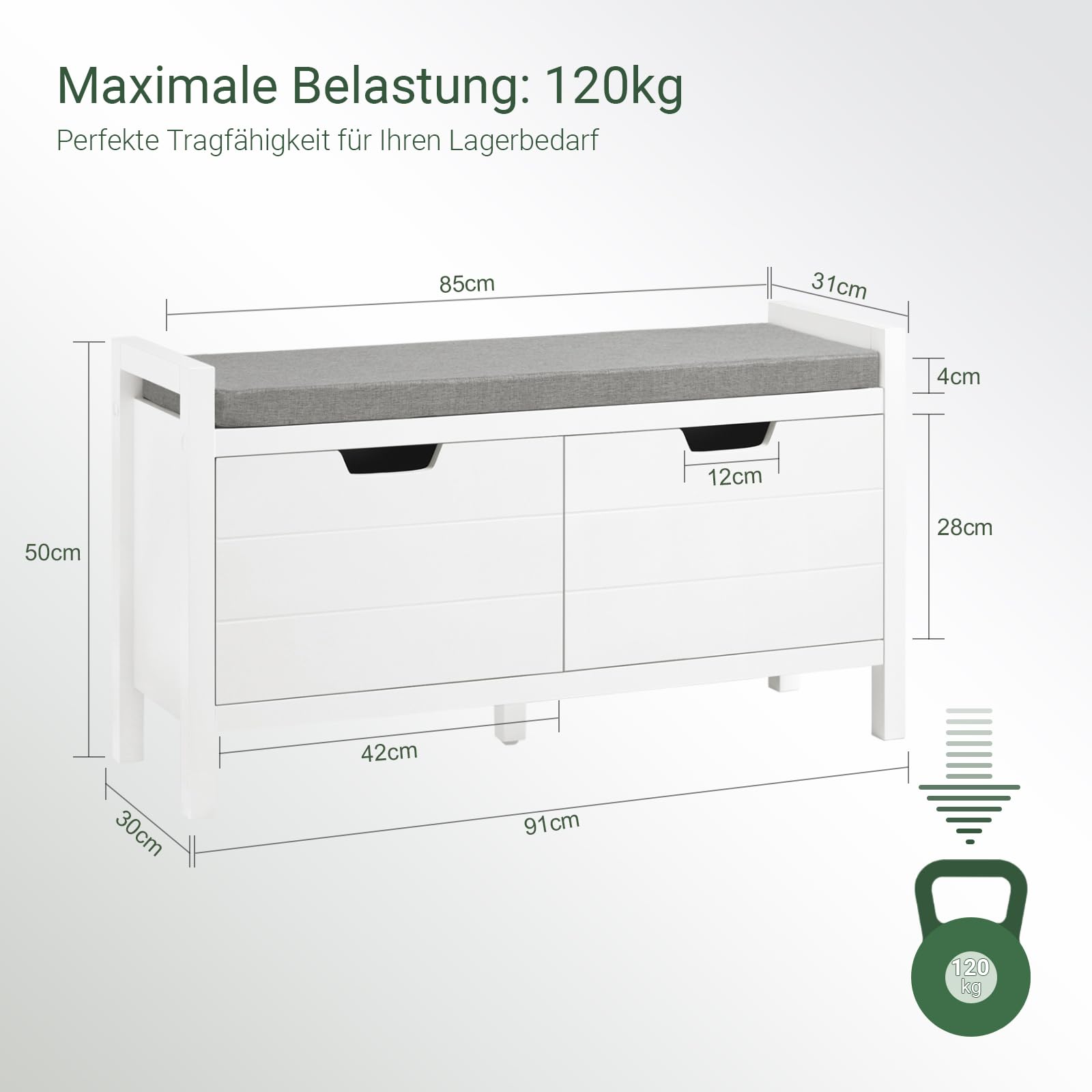 SoBuy Schuhbank mit Sitzfläche und Stauraum – Schuhregal Flur Sitzbank mit Truhe – Gepolsterte Sitzfläche & große Klappe – Für Eingangsbereich & Wohnzimmer – Weiß MDF 91x30x50cm FSR63-II-W