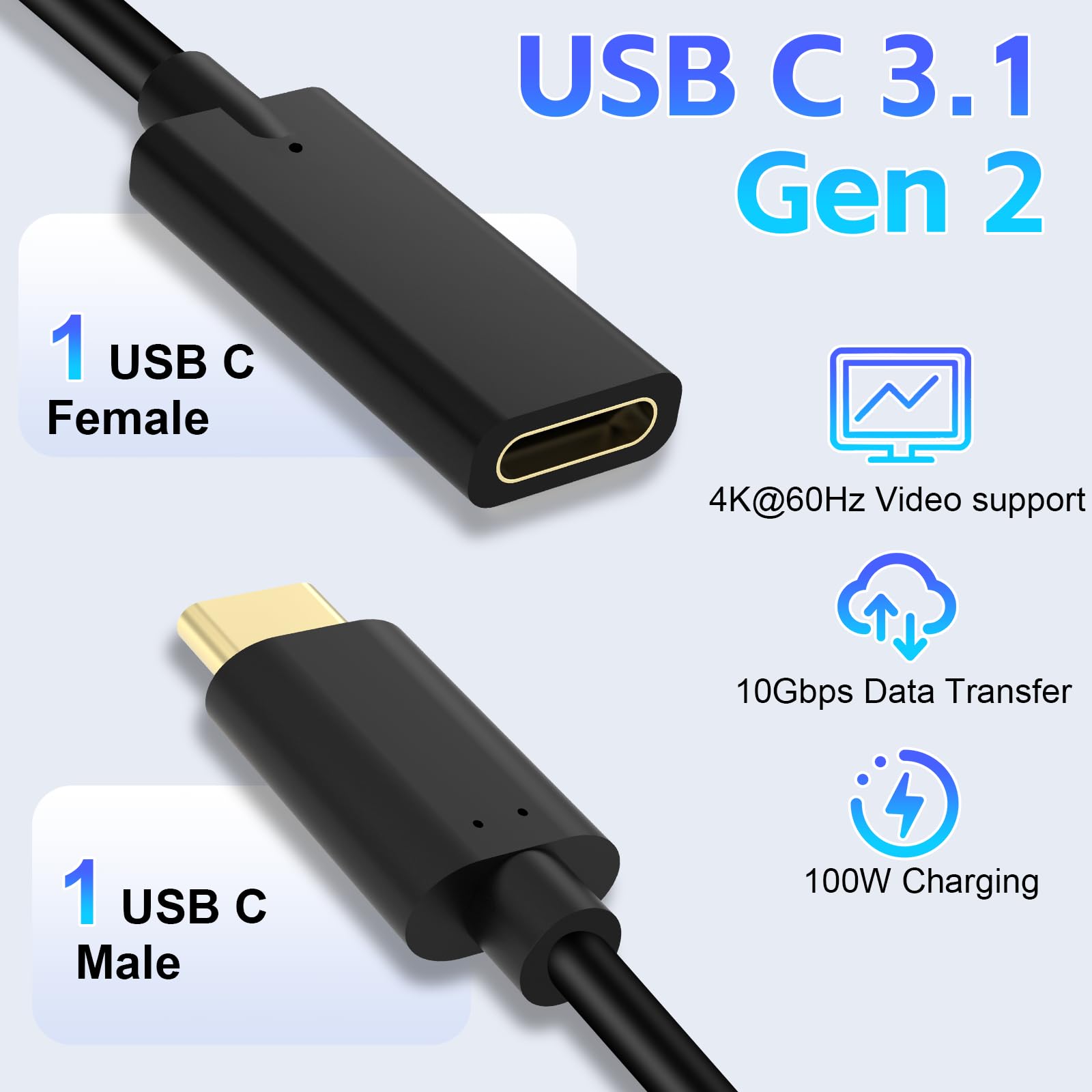 USB-C Verlängerungskabel, 20 cm, USB-C Typ C Stecker auf Buchse, USB 3.1 Verlängerung, kurzes Kabel für Nintendo Switch, MacBook und mehr, Schwarz Typ-C-Buchse auf Stecker.