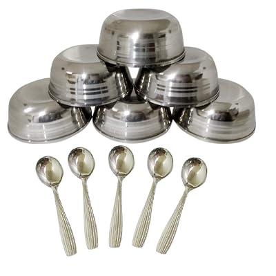 Dynore 12 pcs Stainless Steel Daal and Soup Bowls with Soup Spoons 10 x 10 x 4.5 Centimeters