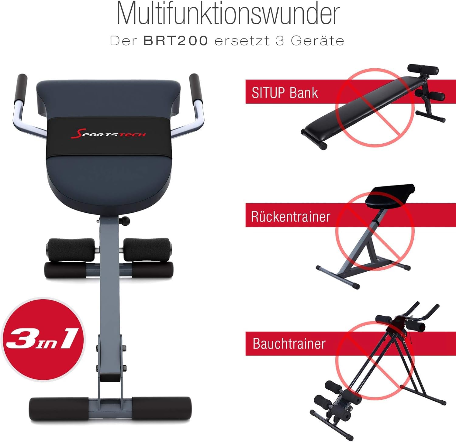 Sportstech Klappbare & verstellbare 3in1 Hantelbank für Zuhause – Bauchtrainer, Rückentrainer & Beincurler | Optimal für ein effizientes und effektives Home Gym Workout bis 130kg | BRT200