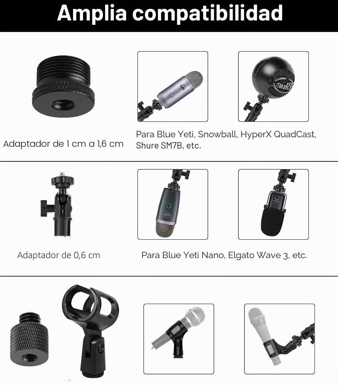 Soporte de micrófono de techo y pared compatible con micrófonos Shure MV7, Blue Yeti, Razer, HyperX, Rode, Razer, XLR, USB