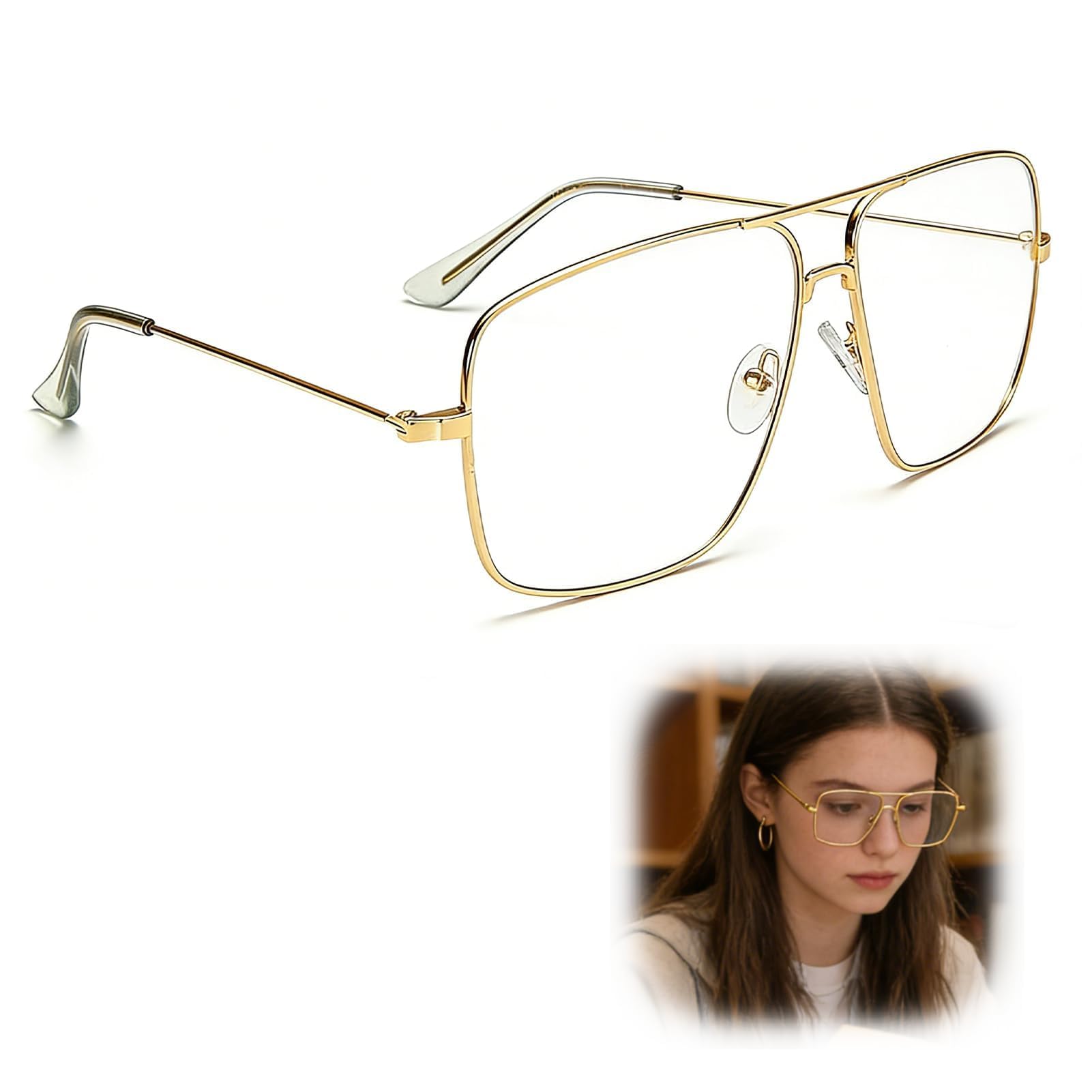 Gafas de Metal Rectángulo para Hombre y Mujer, Montura Metálica Ligera con Bisagras Reforzadas, Lentes Transparentes Sin Graduar, Estilo Clásico Unisex Cómodas para Uso Diario, Trabajo y Ocio — view 7