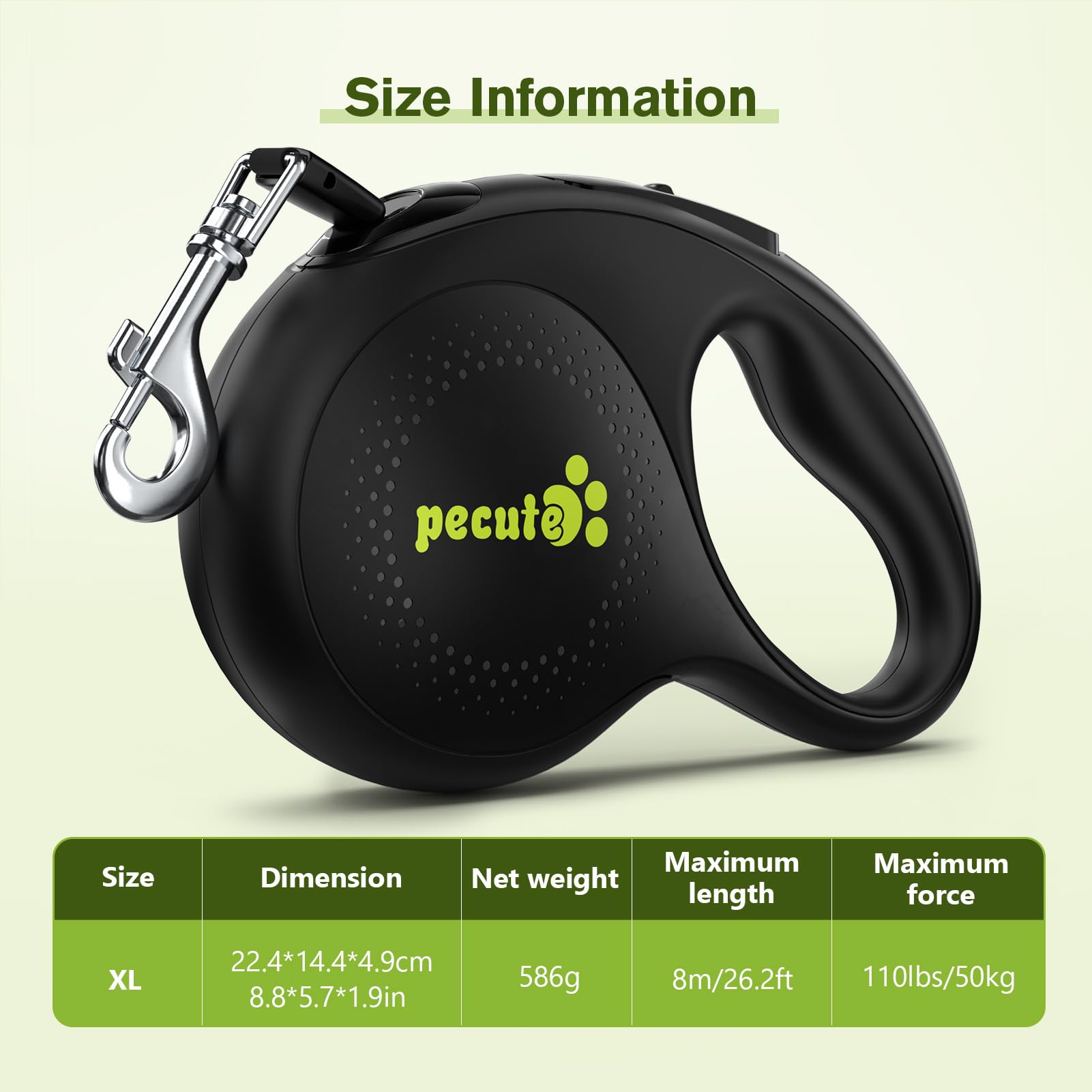 Pecute Guinzaglio Retrattile per Cani, Guinzaglio per Cane 8m con Guinzaglio Esteso Senza Grovigli a 360°, Impugnatura Antiscivolo e Pulsante di Freno Rapido,Nero