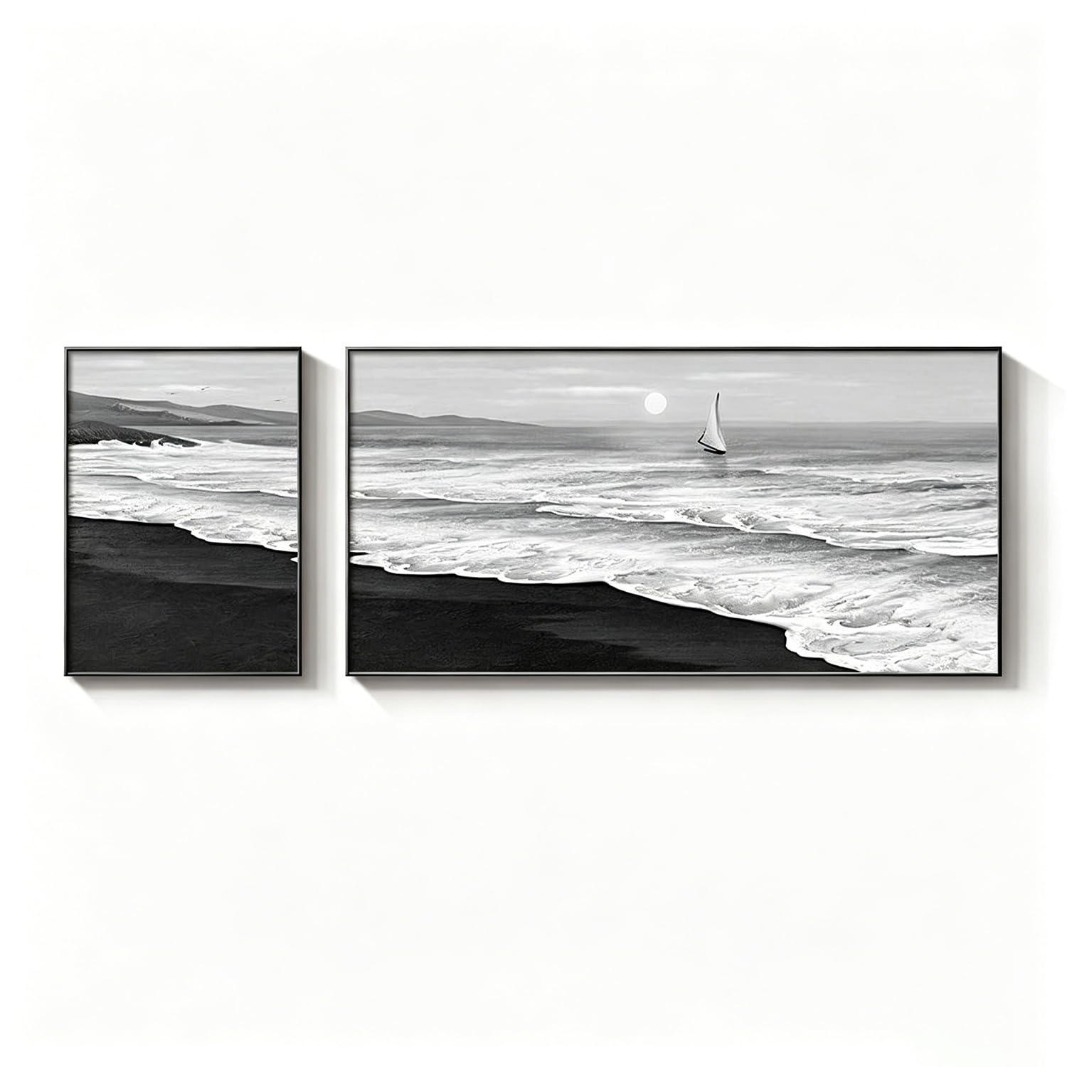 Décoration murale vagues noir et blanc wabi-sabi de 140cm avec cadre noir