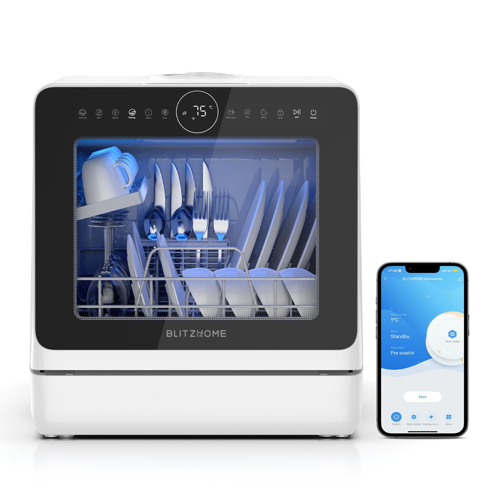 BLITZHOME Mini Spülmaschine Geschirrspüler 8+2 Programme Smart App Steuerung Tragbarer Tischgeschirrspüler 5L Wassertank