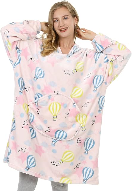 Amazon BrandHikaro Blanket Hoodie with Lovely Element,Ultra Soft Flannel Wearable Blanket Hoodie with Big Pocket, Oversized Snuggle Blanket Hoodie for Women Girl (Pink)