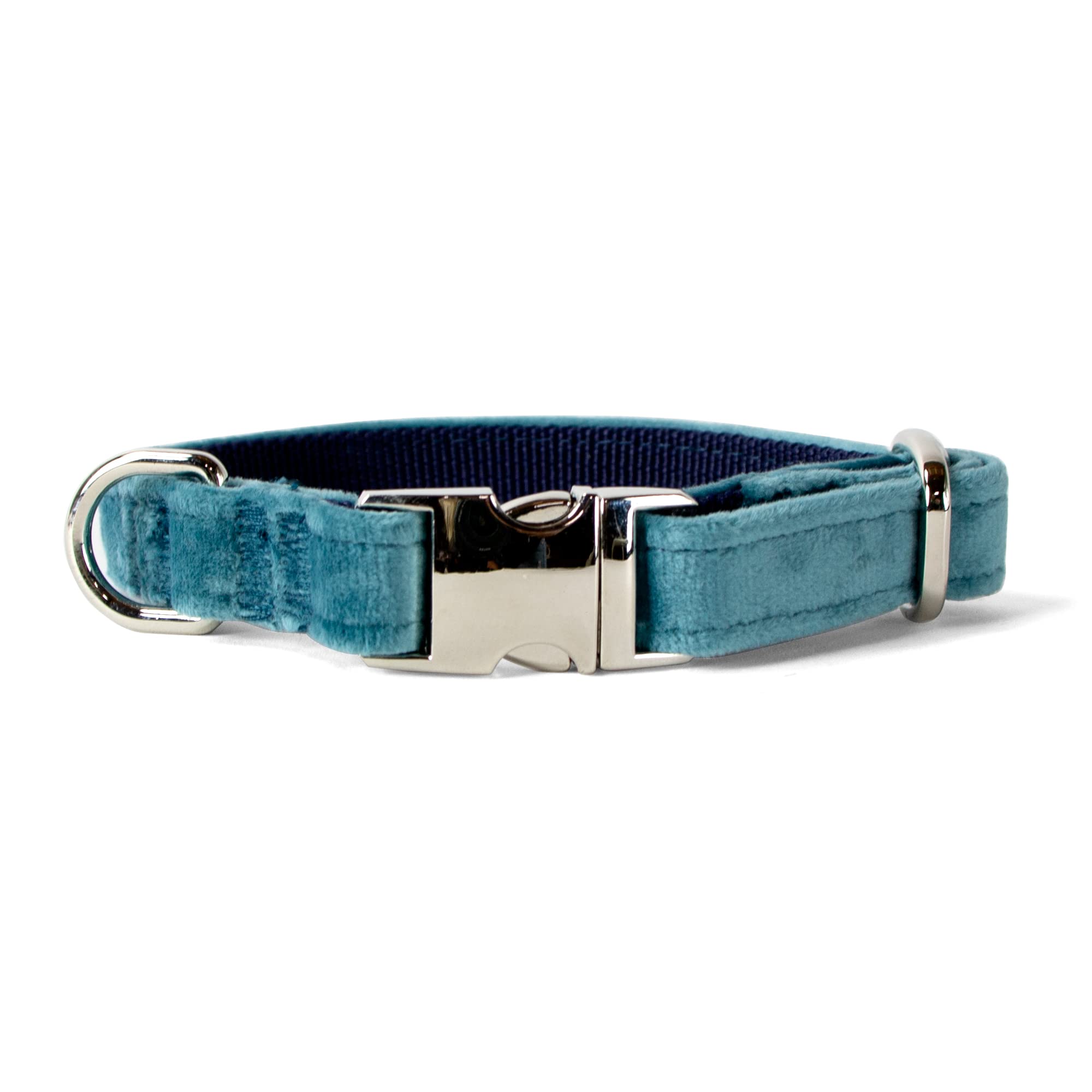 Sam & Maui Velvet Dog Collar with Shiny Chrome Silver Metal Buckle Teal Dog Collar-Small