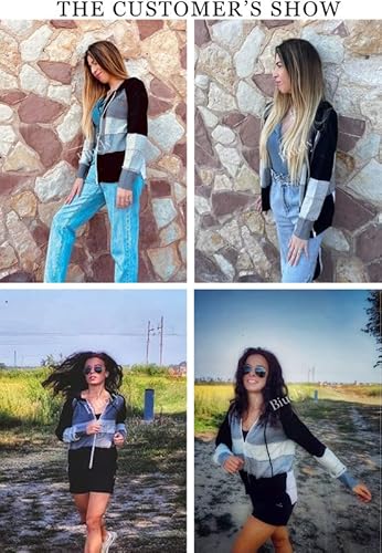 Biucly Womens Stripes Color Block Knit Sweater Zip Up Hoodies Long Sleeve Lightweight Drawstring Jacket Pullover Sweatshirts Sweaters Fall Winter 2022,Us 8-10(M),Black #TOP4
