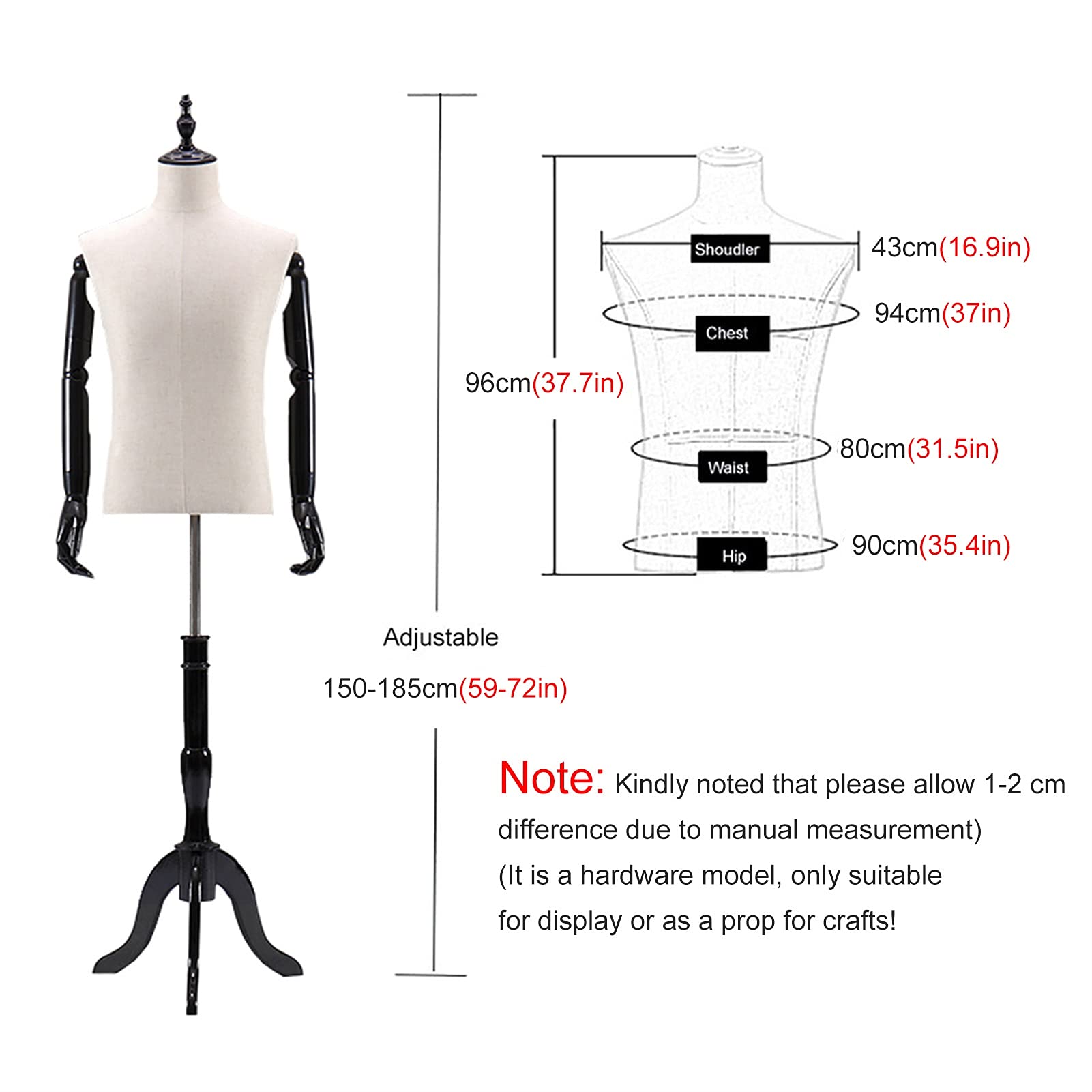 Corpo Torso Manichino Maschio Adulto con Braccia in Legno e Supporto per Treppiede, Torso Mezzo Manichino da Uomo ad Altezza Regolabile, Adatto all'esposizione di Abbigliamento/Tute per Negozio