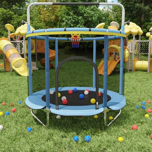 60" Toddler Trampoline for Age 2-4, 9ft Mini Kids Trampoline Indoor with Basketball Ball Adjustable Gymnastics Bar & Toys Swing Enclosure Net for Backyard ASTM Approved - image 6