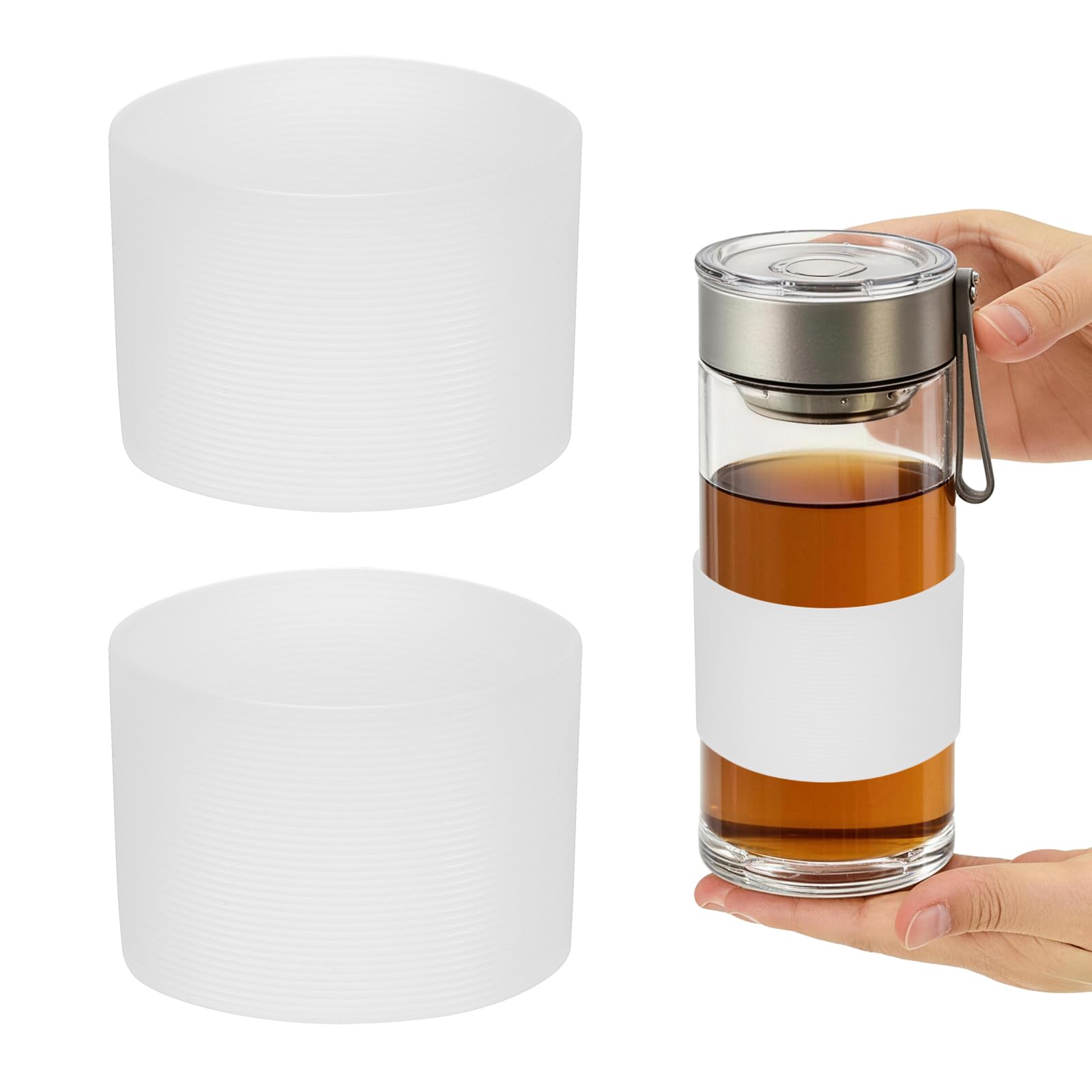 sourcing map 2Pcs Silicone Cup Sleeves, 7cm Coffee Cup Protective Sleeve Heat Resistance Reusable Nonslip Glass Bottle Protector for Coffee Tea Cold Hot Drinks Home Travel Mug Glasses, White