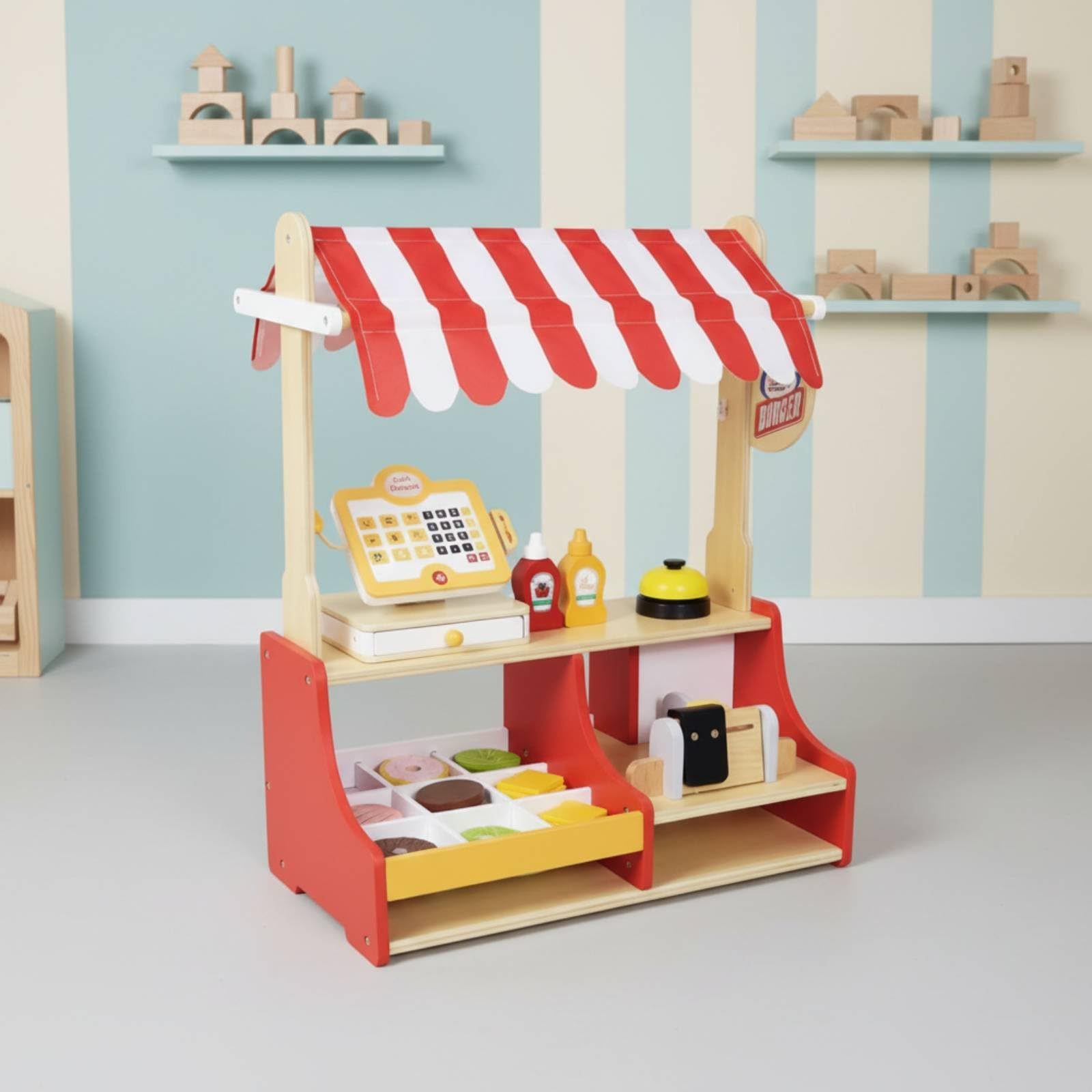 Kinder Burgerstand Holz Spielzeug Imbissstand Verkaufsstand Marktstand mit Gestreiftem Dach Kassenfach Und Saucenteilen Fördert Teilen Sprache Und