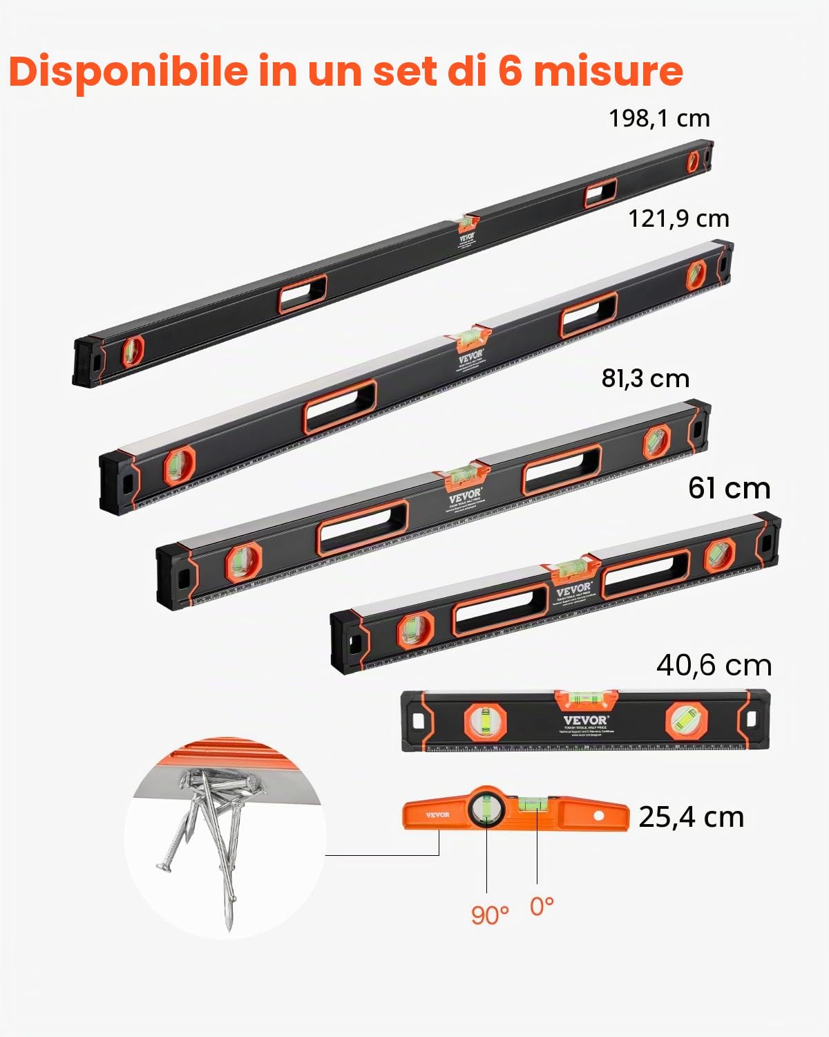 VEVOR Set Livellatrice 6 Pezzi, 250/400/600/800/1200/2000 mm, Righello per Fiale a Bolla per 45/90/180 Gradi, Strumento di Livellamento Magnetico in Lega di Alluminio Antiurto, Scala SAE