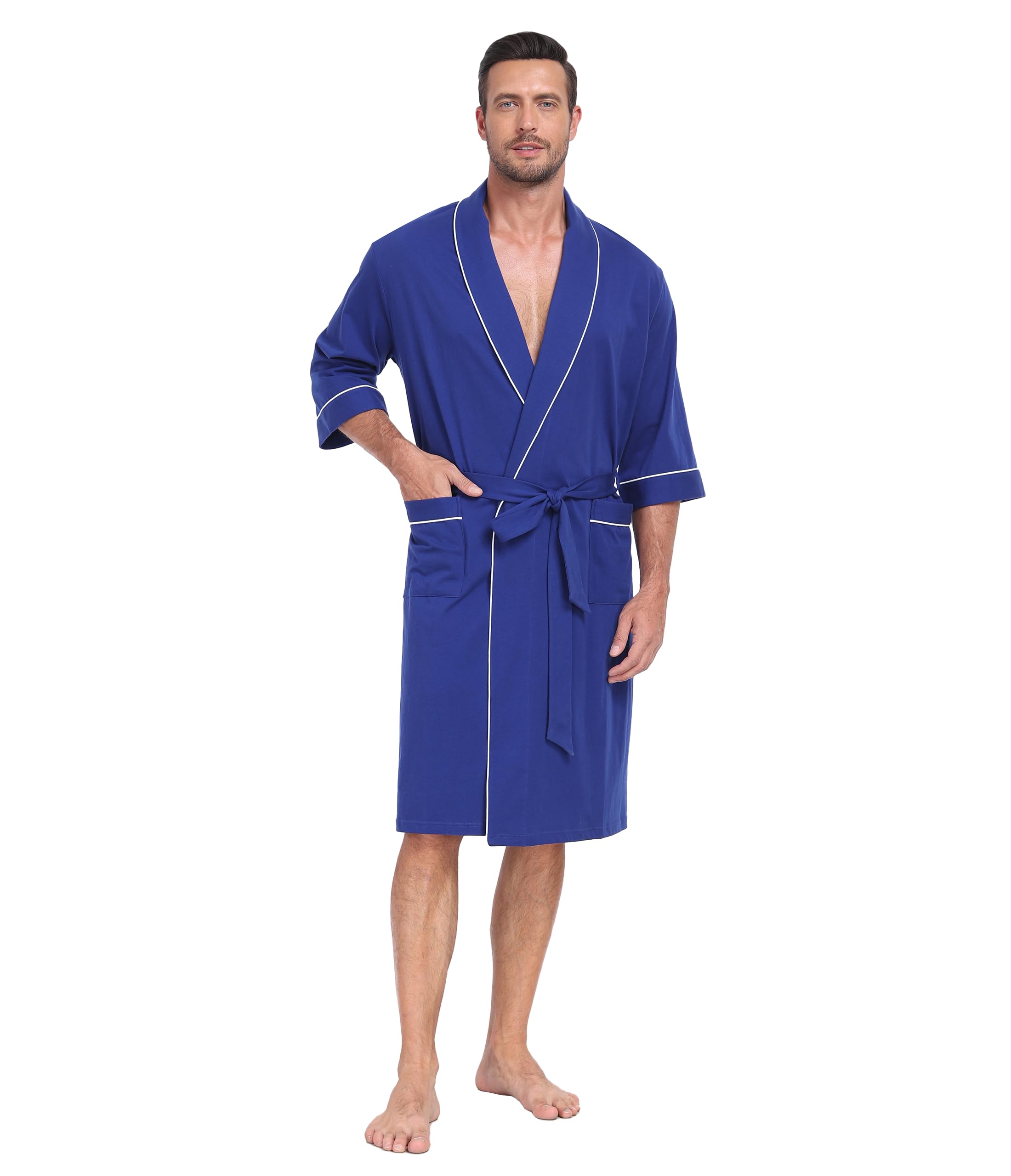 CF Men's 100% Cotton Robe Lightweight Bathrobe Summer Short Sleeve Bath Robes Soft Breathable Kimono Spa Robe with Pockets