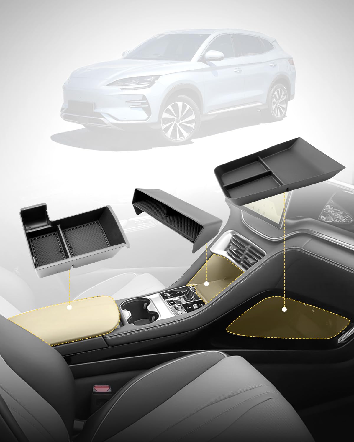 YEE PIN [3 Stück] Kompatibel mit BYD Seal U DM-i 2024 2025 2026 Mittelkonsole Aufbewahrungsbox-Set, Mittelkonsole Armlehnebox & Konsolenfach unten aus TPE & Mittelkonsolen Ablagefach