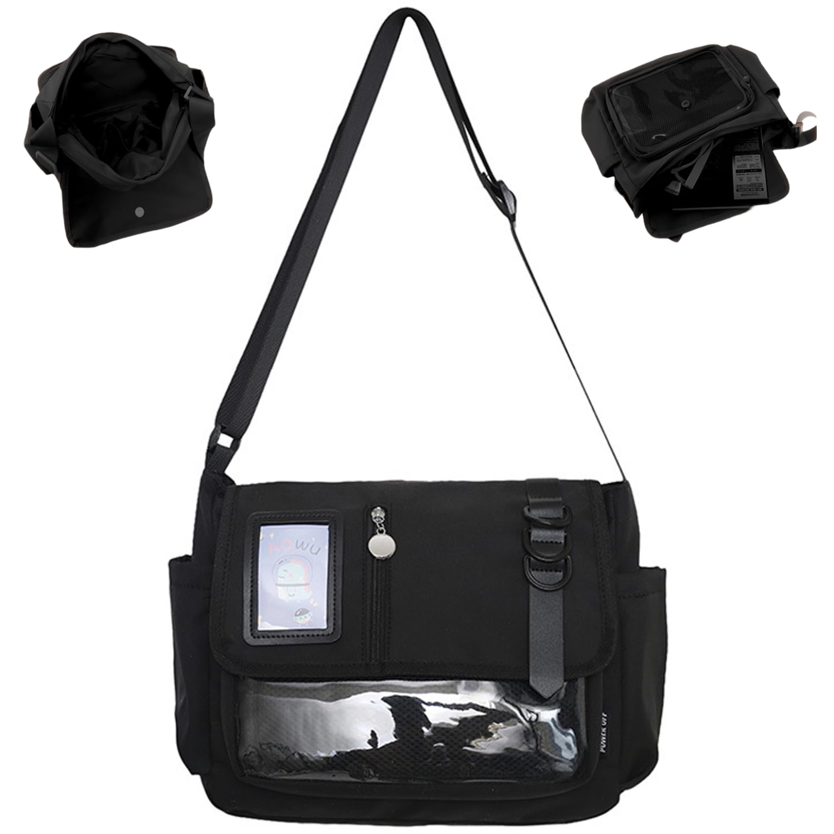 Tsawntd Japanese School Bag Kawaii Crossbody Nylon Black Ita Bag with Pin Display Pocket Adjustable Strap Large Capacity Ita Purse for Gilrs Women