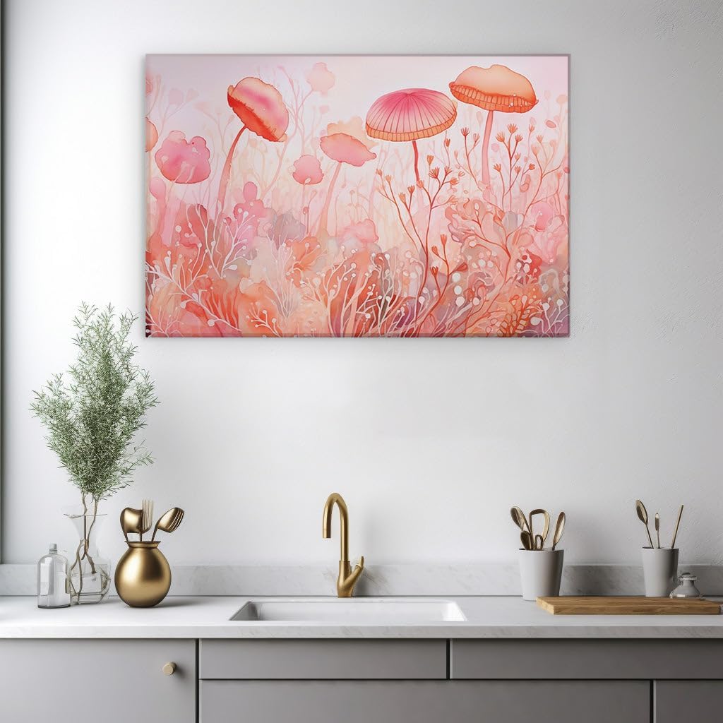Canvas for Living room. Whimsical Fungi Wonderland: A Pastel Dream of Mushrooms and Magic, 27 x 18 inch Canvas Wall Art - Vibrant Pops Of Color - Inspirational Office Decor