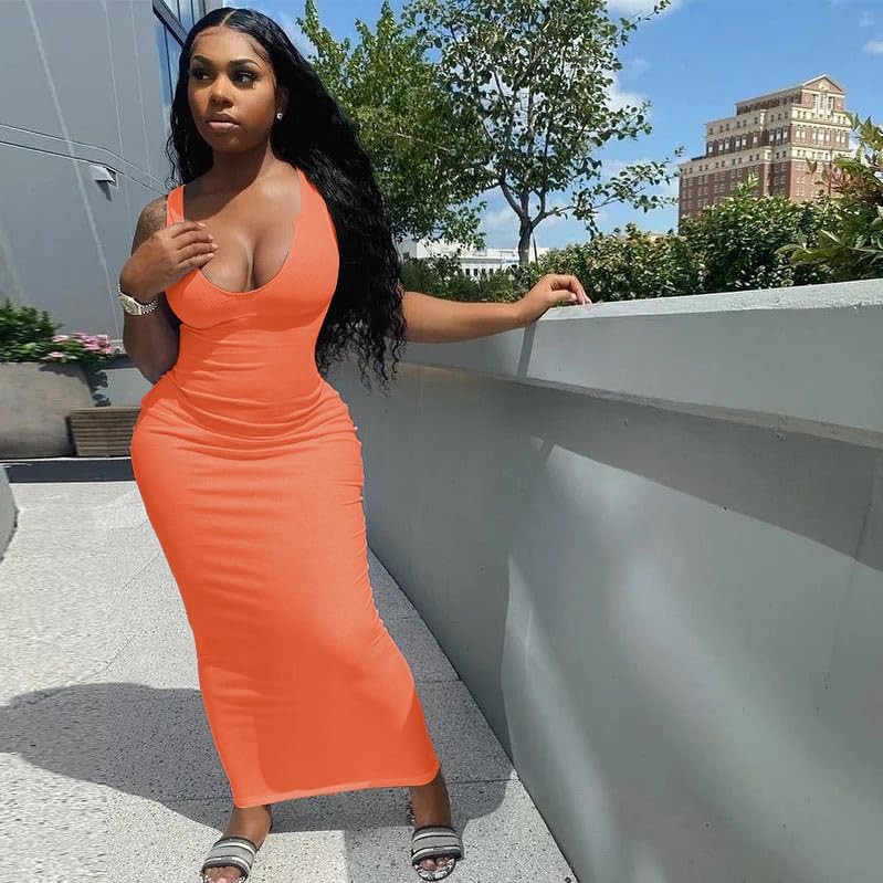 Image of Nimsruc Women Casual Sexy Deep U Neck Tank Top Bodycon Dress Summer Sleeveless Wrap Long Basic Party Club Maxi Dresses