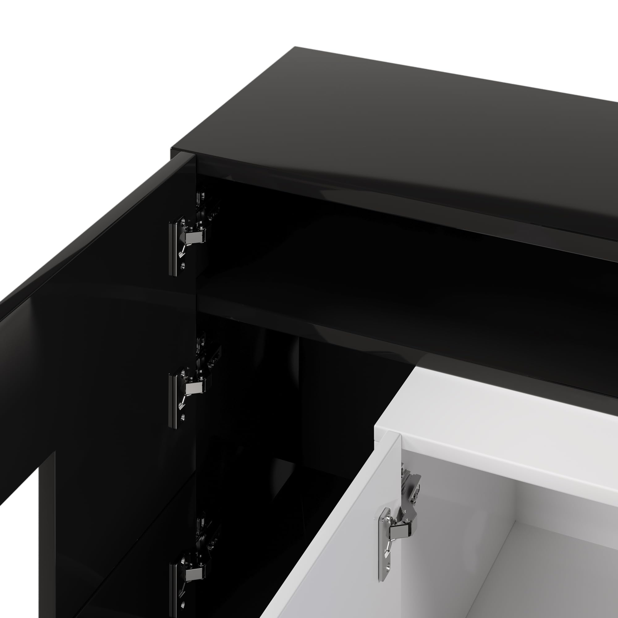 BTM TV Schrank 200 cm, LED Lowboard Hochglänzendes & Glasoberfläche, Möbel Fernseher Board Kommode Sideboard Cabinet Fernsehschrank (Weiß & Schwarz, 200x60x30cm)