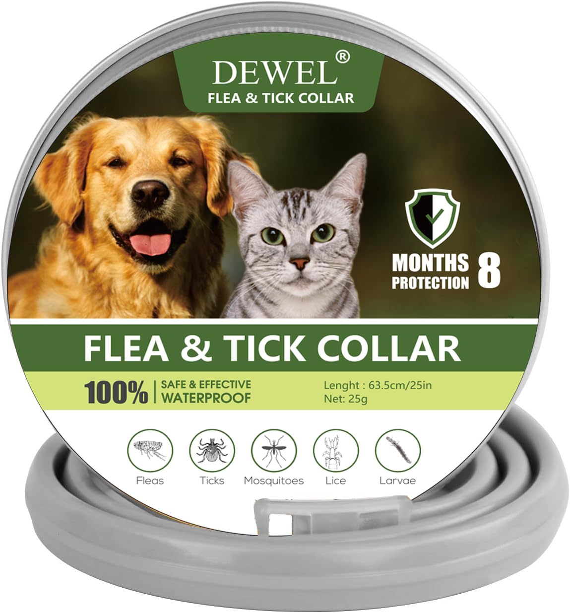 DEWEL Collar Antiparasitario para Perros y Gatos, Collar para Proteger a Mascotas de Pulgas y Garrapatas por 6-8 Meses, Collar Antipulgas Natural y Ajustable de 63 cm Gris