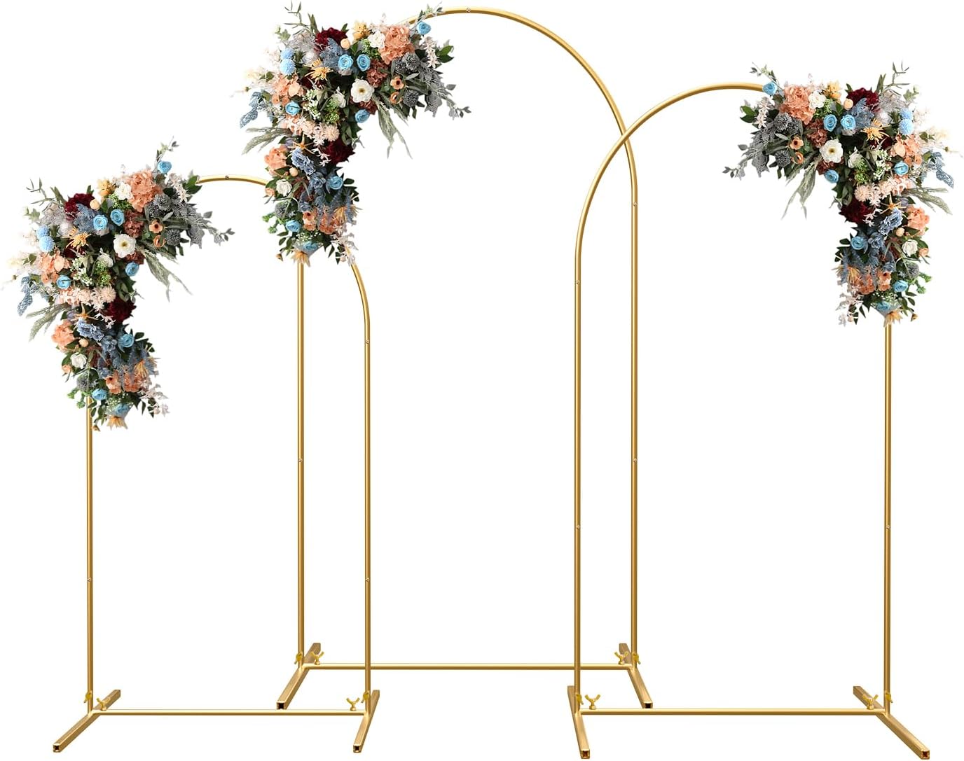 Arch Backdrop Stand and Cover Set, Set of 3 (4FT, 5FT, 6FT) Gold Metal Arch Back Drop for Ceremony Banquet Party, Wedding, Baby Bridal Shower, Open Balloon Frame Decoration