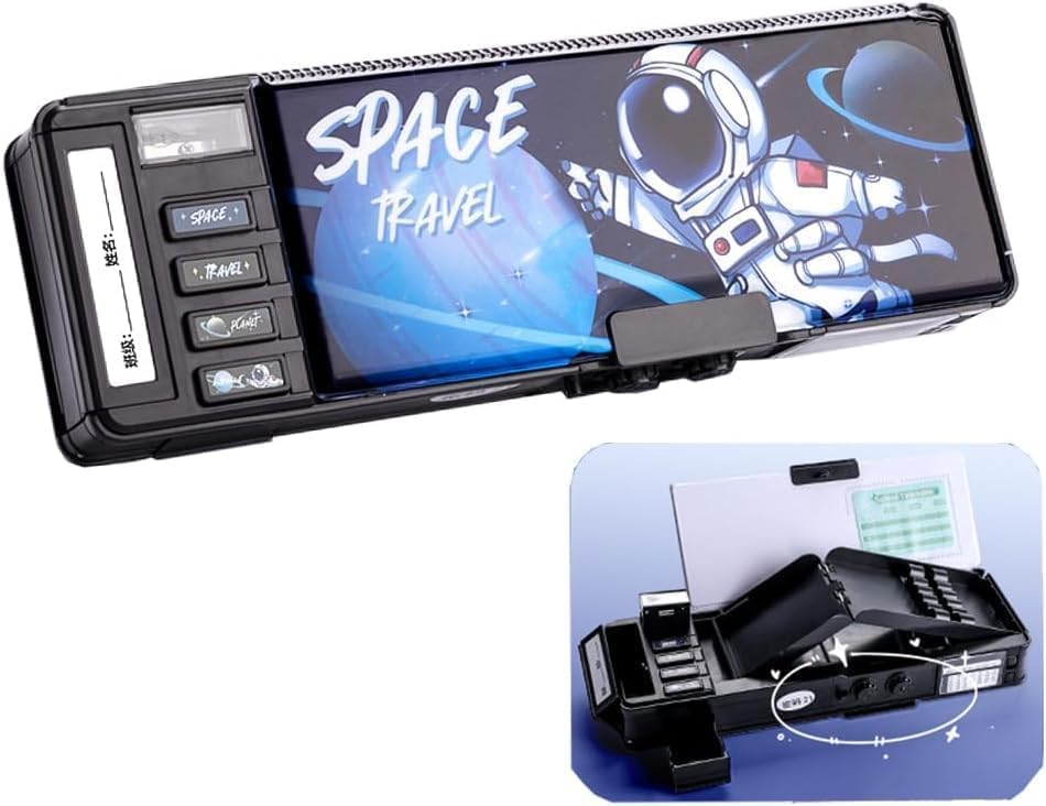 Image of Multifunctional Geometry Lock Pencil Box for Kids, Students, Boys & Girls, Magnetic & Passworld Lock Compass Box, Space Travel Theme School Return Gifts (Space Travel Black)
