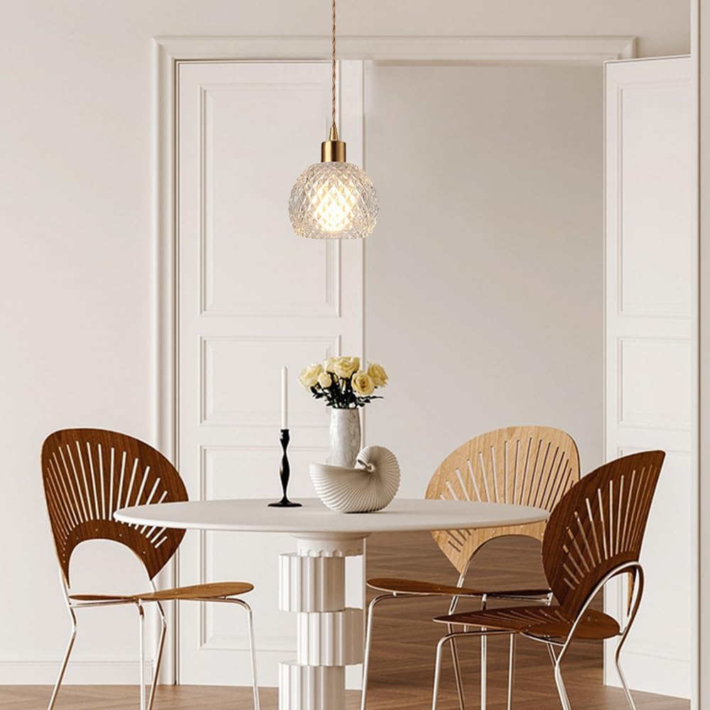 Mini Glass Lights Kitchen Island Light Fixiture, 4.5" Modern Lighting Glass Light Fixtures, Brushed Brass Chaner Hanging Ceiling Lights for Dining Bedroom, D