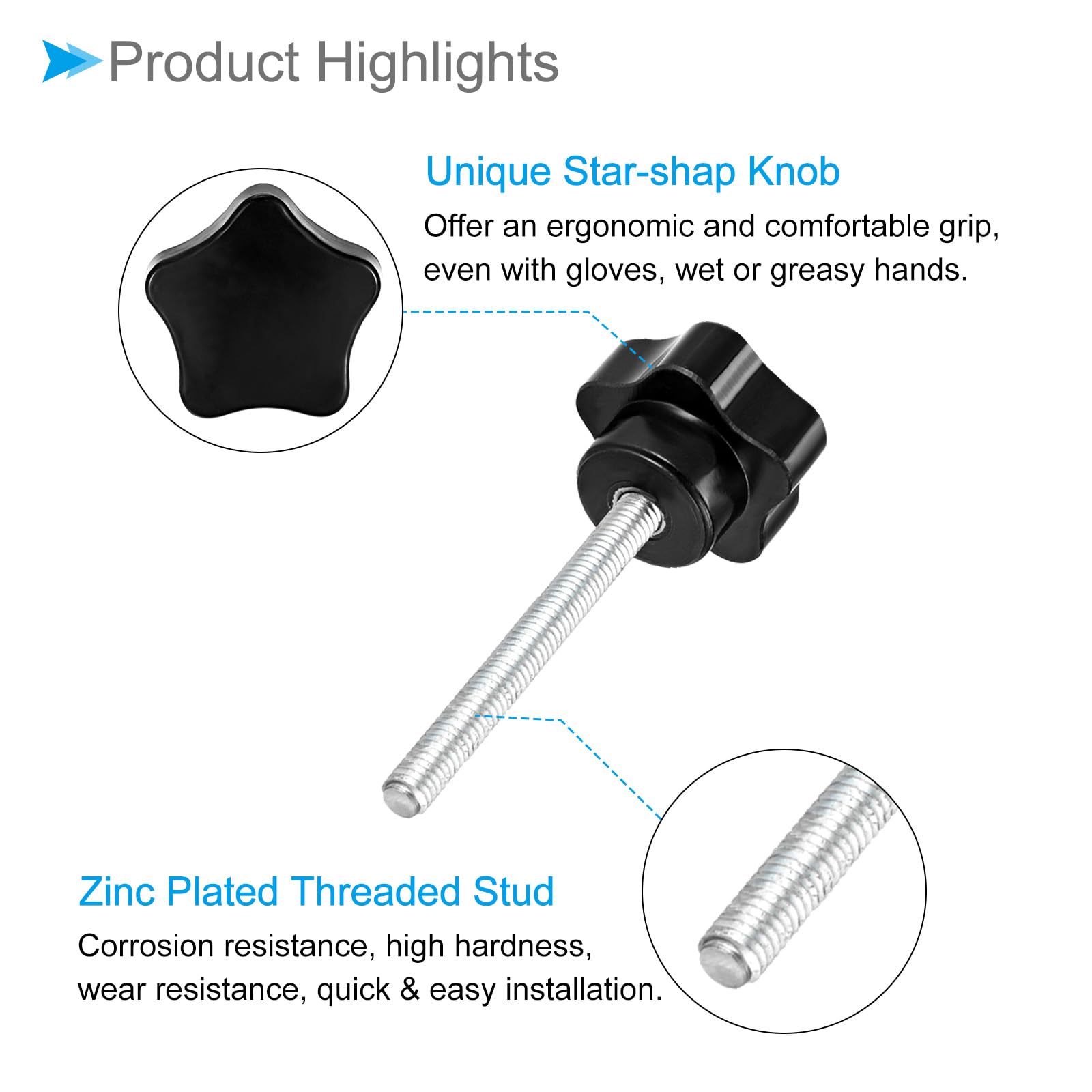 CoCud Star Clamping Knobs, M6 x 60mm Male Thread 32mm Head, Plastic Thumb Screw Grip Hand Knobs Threaded Bolt Black - Image 4